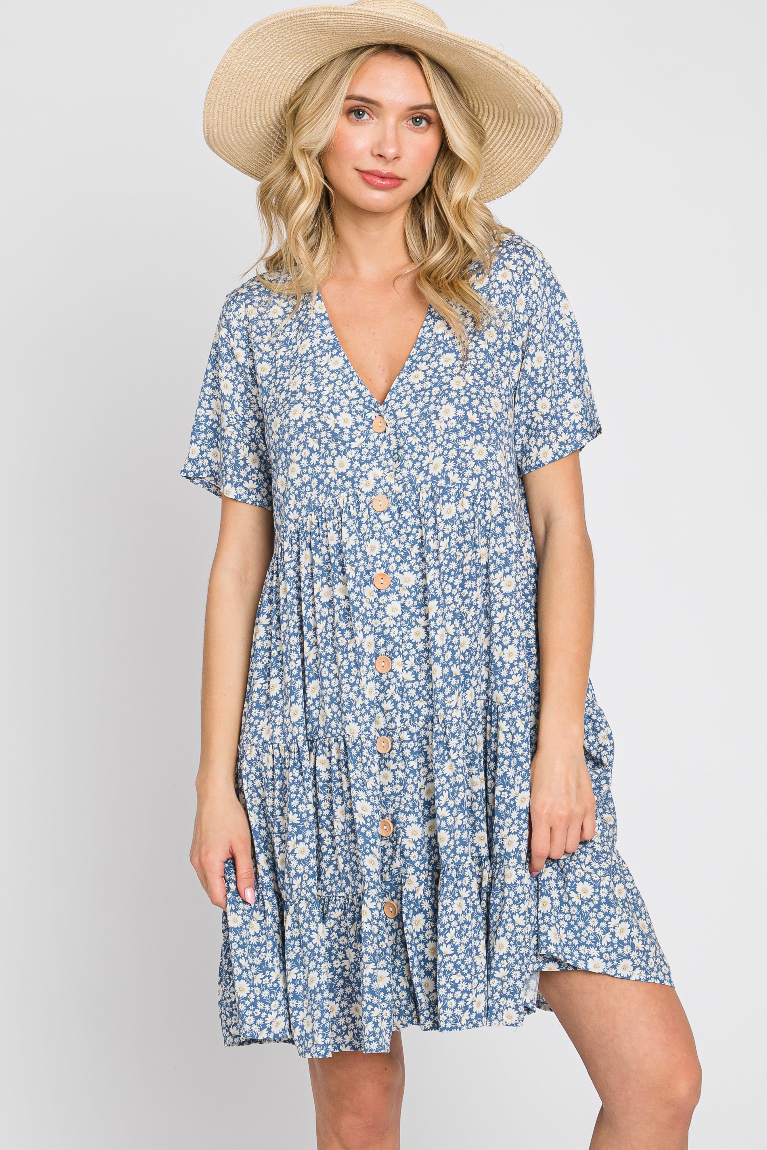 Blue Floral Button Front Tiered Short Sleeve Dress sold by Pinkblush