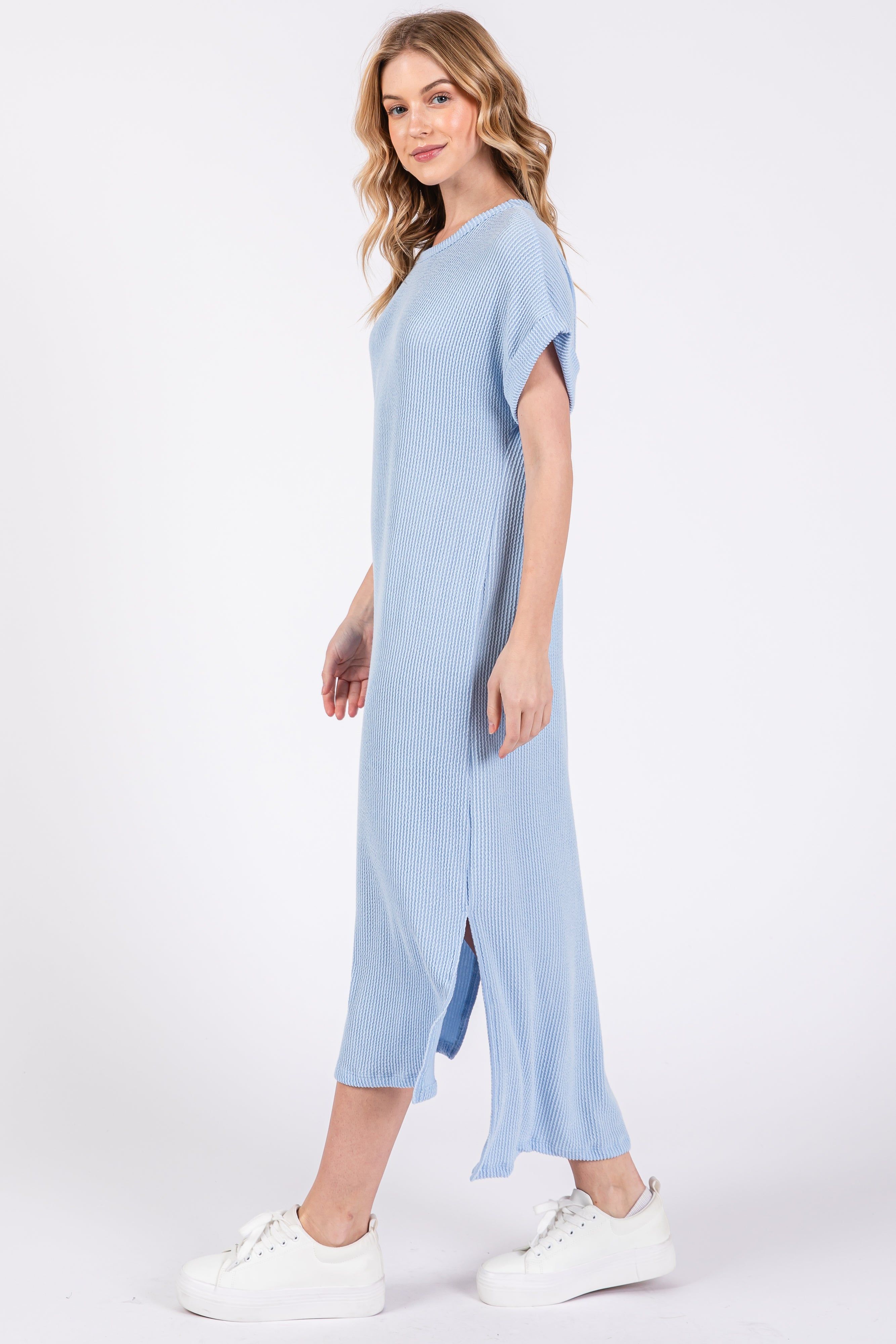 Light Blue Ribbed Short Sleeve Midi Dress sold by Pinkblush product image thumbnail 2