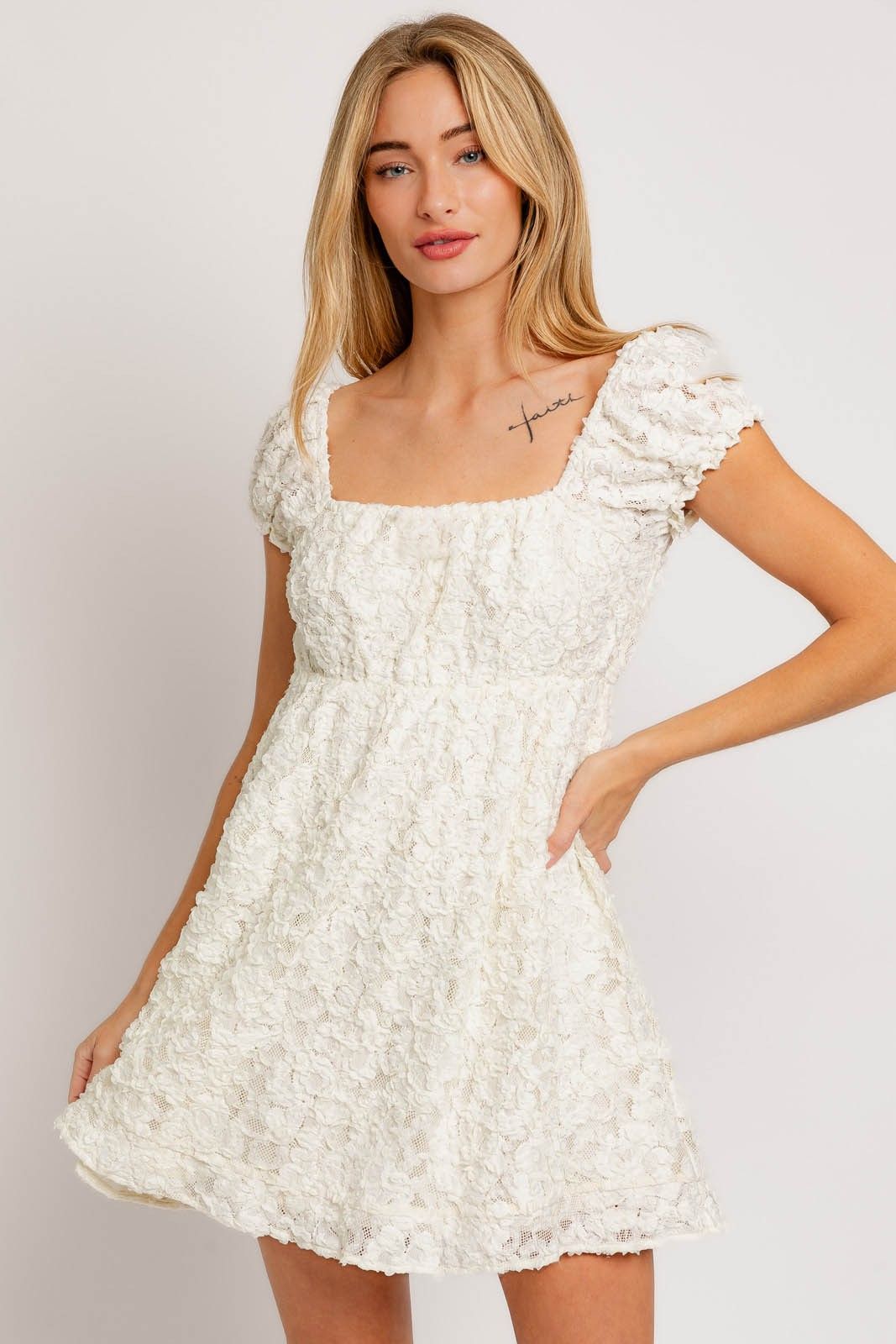 White Ruffle Cap Sleeve Square Neck Babydoll Mini Dress sold by Pinkblush