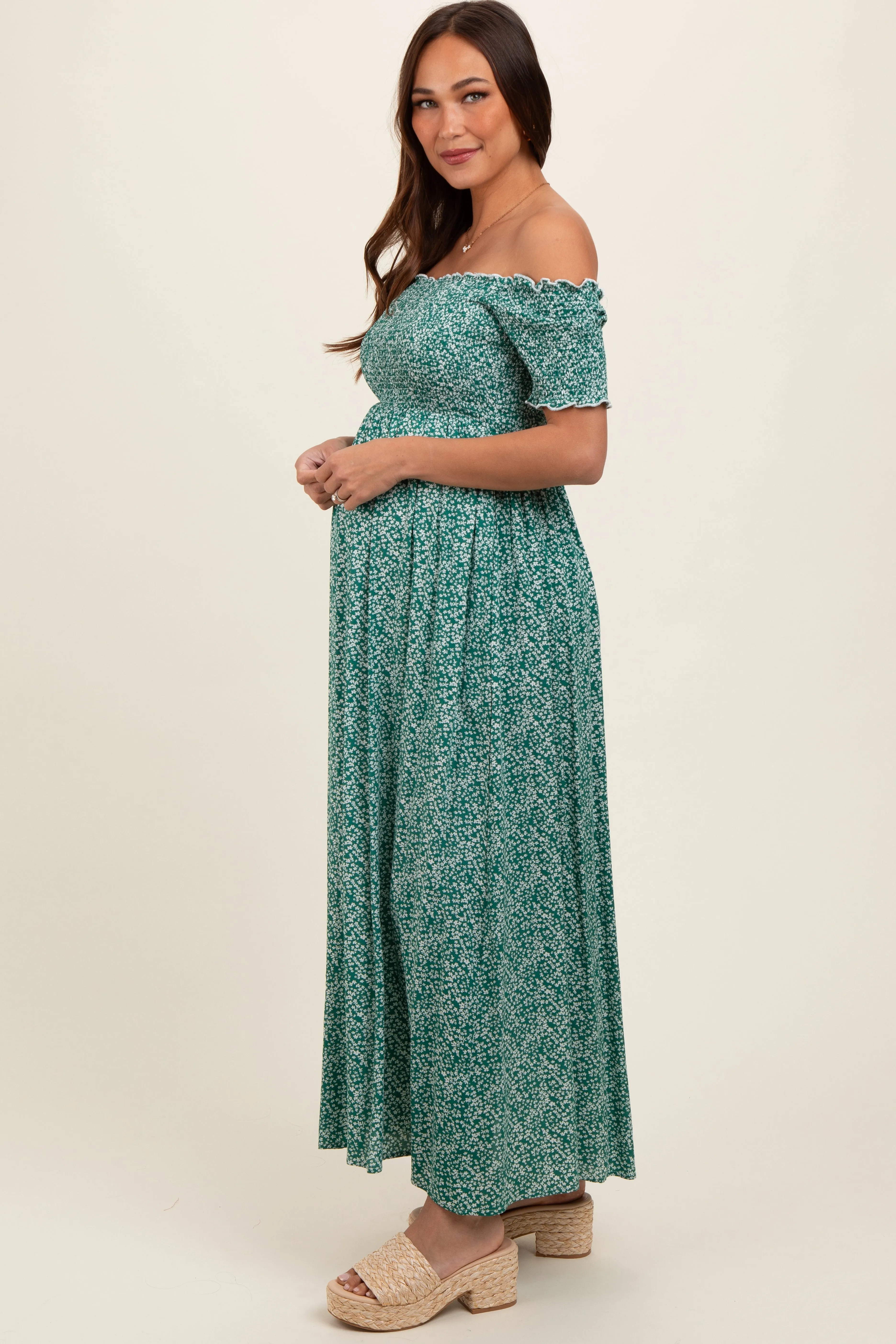 Green Floral Smocked Fitted Sleeve Side Slit Maternity Maxi Dress sold by Pinkblush product image thumbnail 4