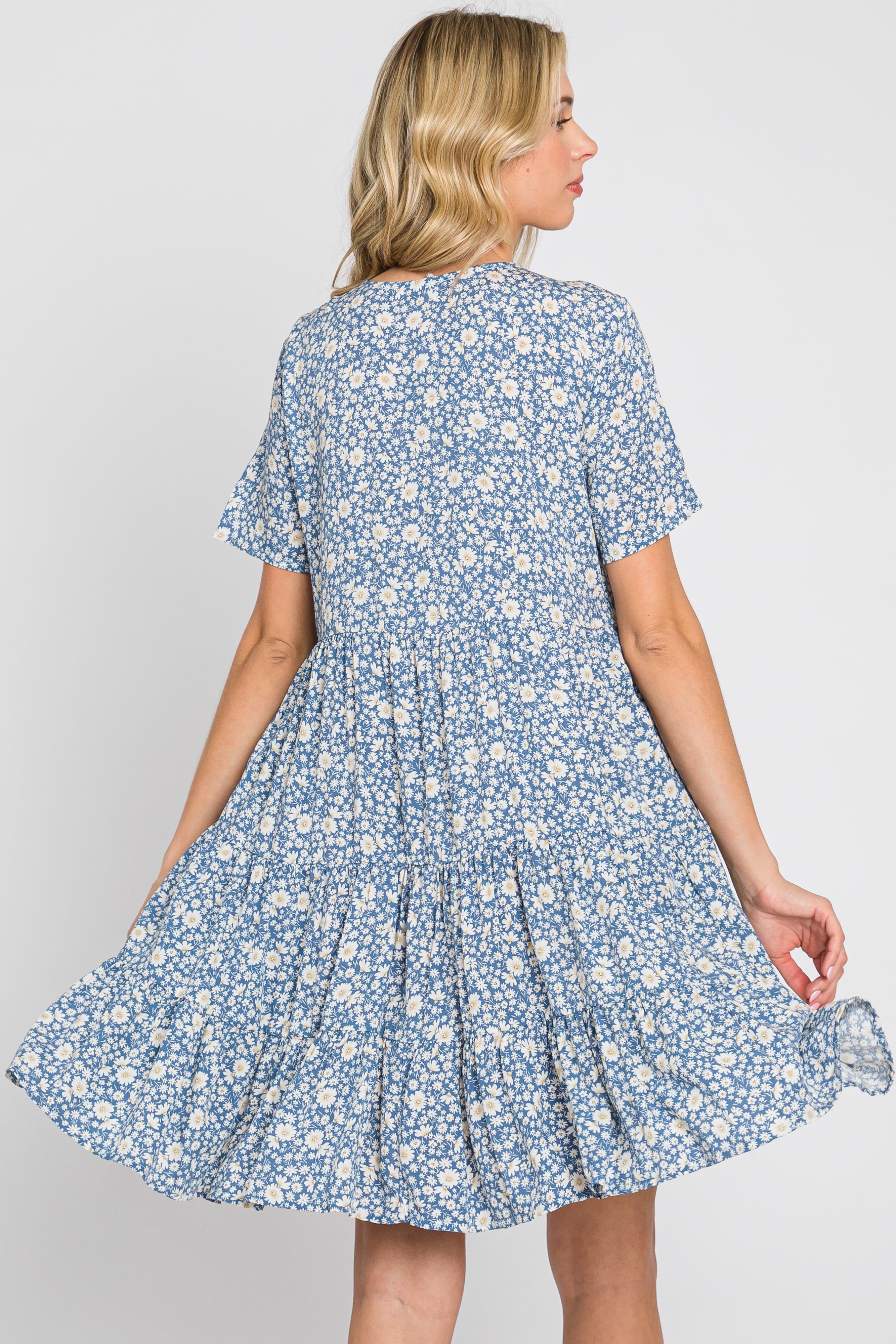 Blue Floral Button Front Tiered Short Sleeve Dress sold by Pinkblush product image thumbnail 5