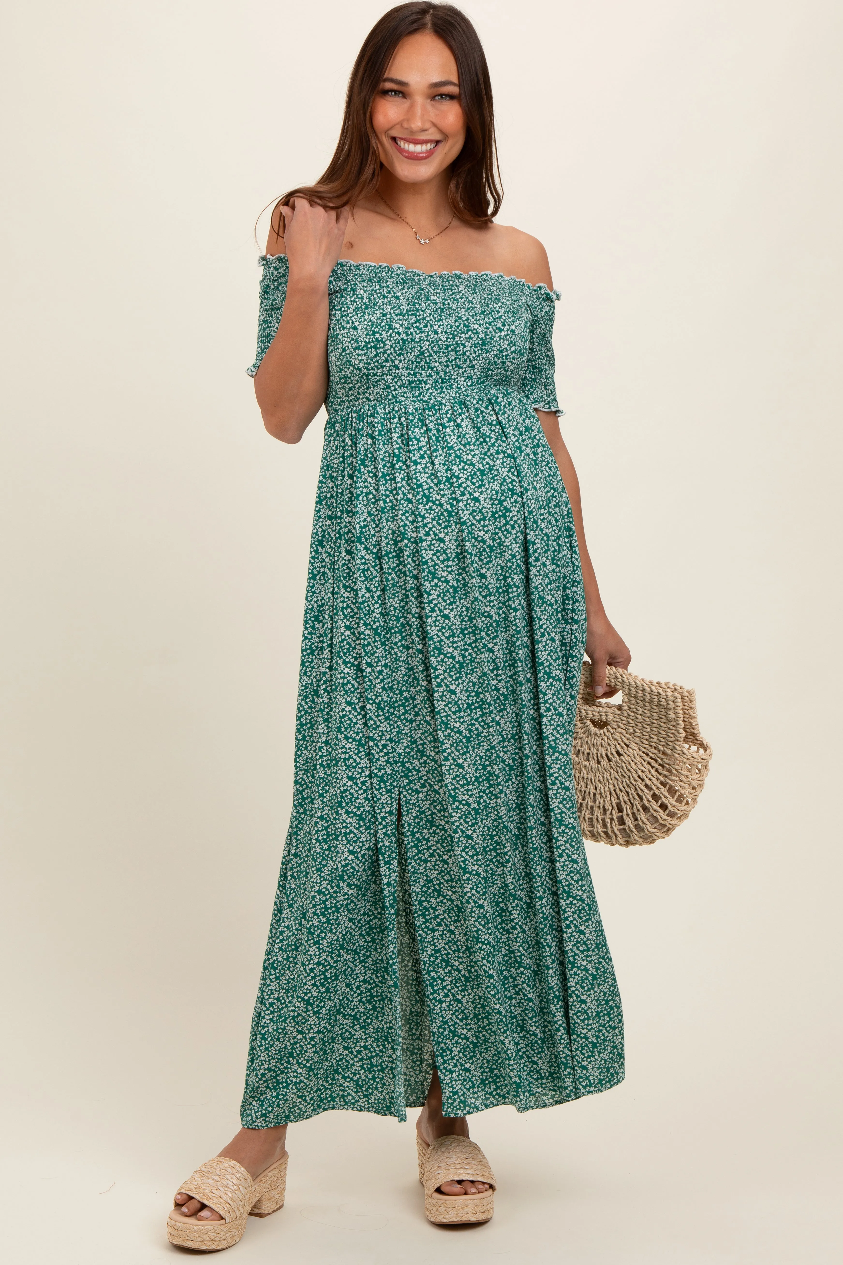 Green Floral Smocked Fitted Sleeve Side Slit Maternity Maxi Dress sold by Pinkblush