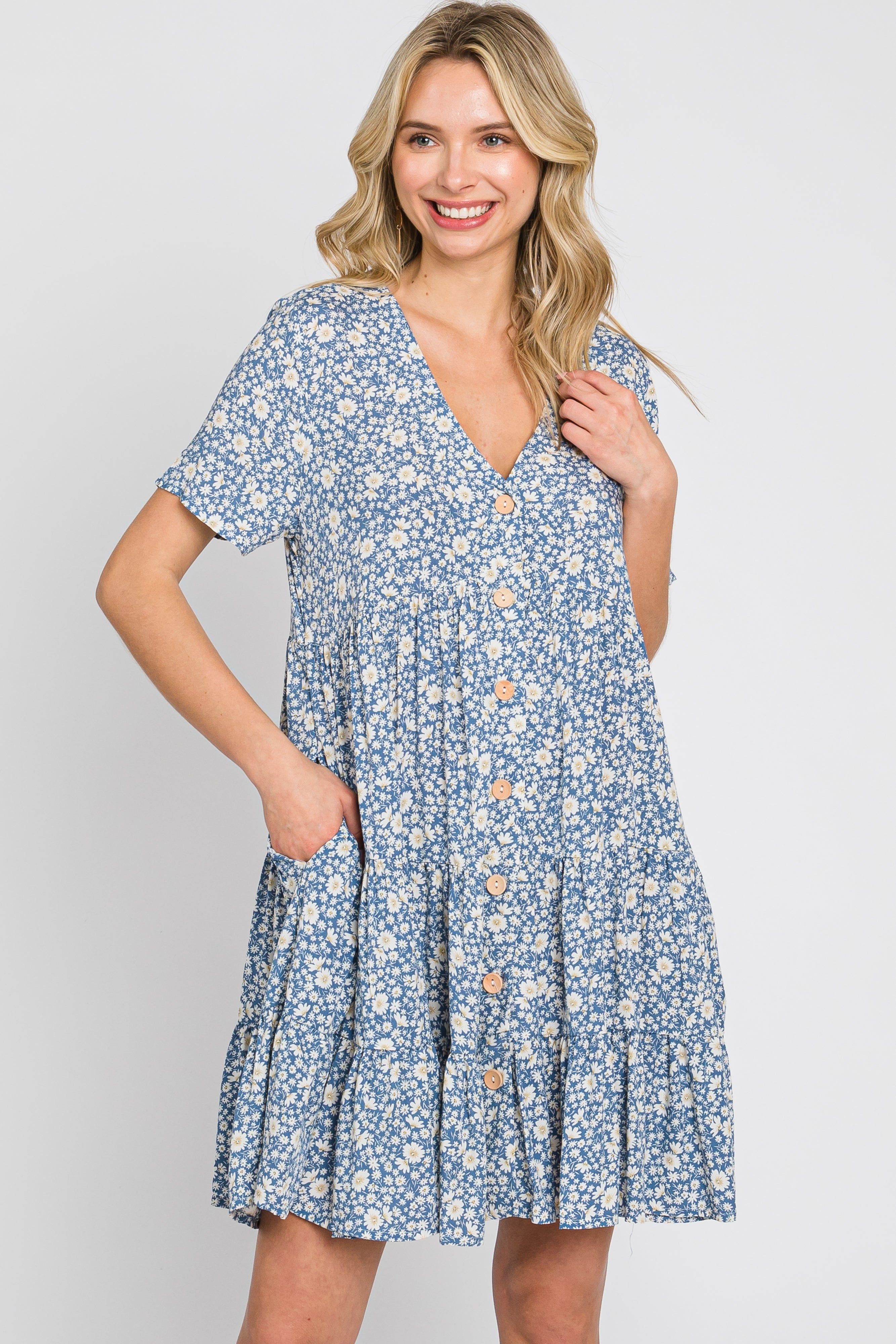 Blue Floral Button Front Tiered Short Sleeve Dress sold by Pinkblush product image thumbnail 2