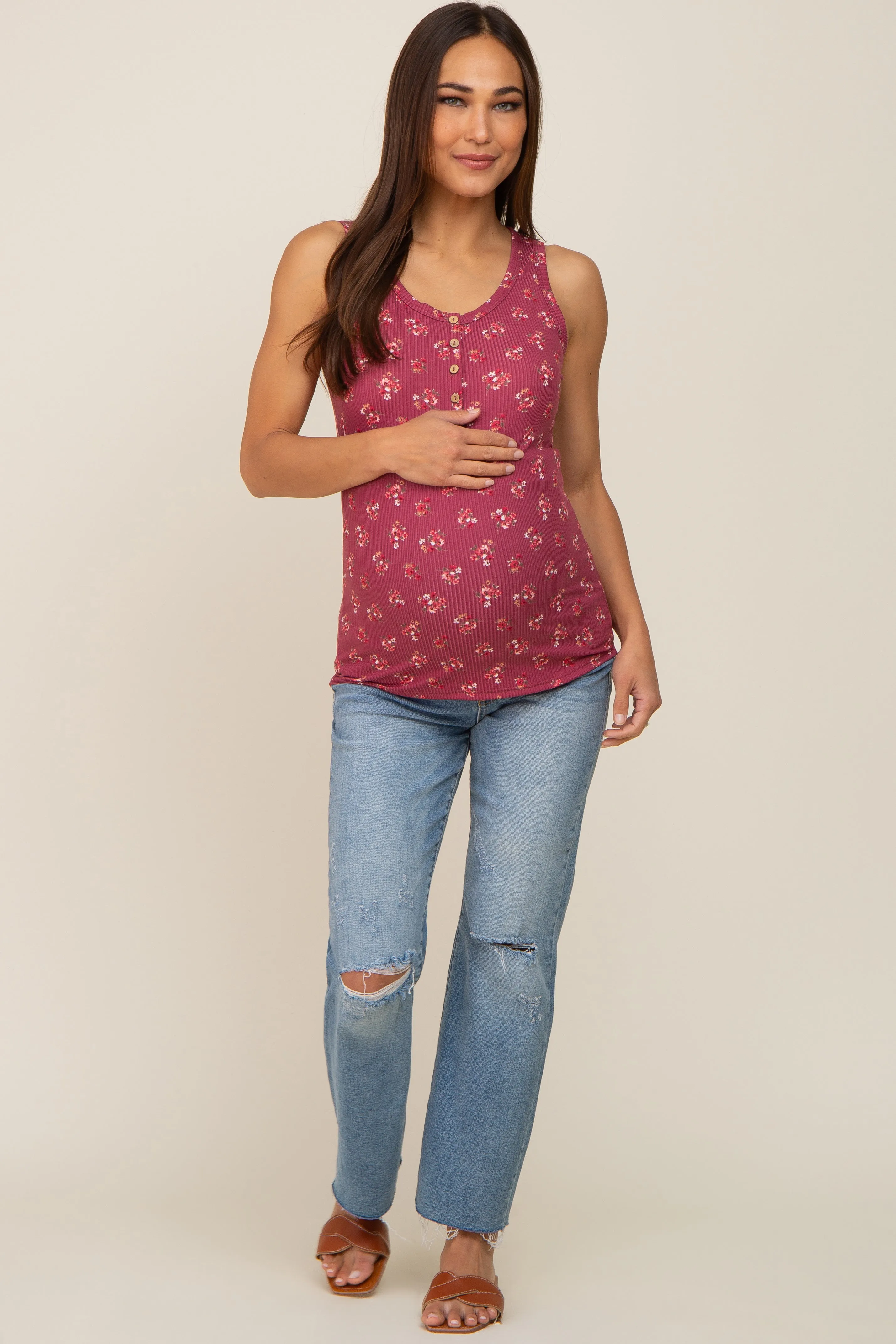 Mauve Floral Ribbed Sleeveless Maternity Top sold by Pinkblush product image thumbnail 4