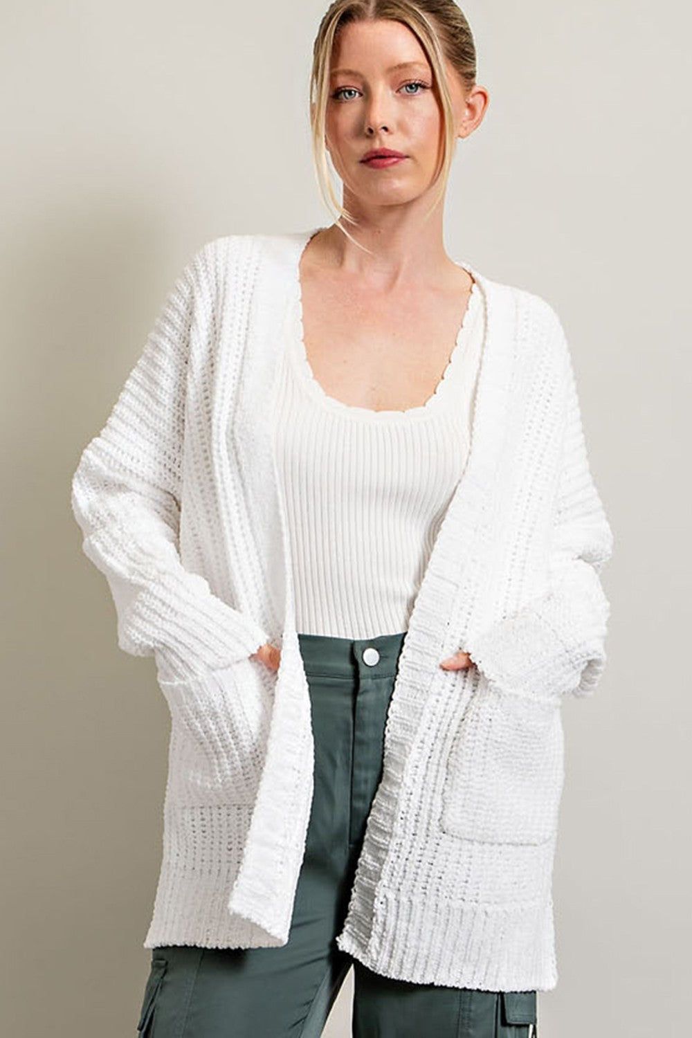 White Brushed Chenille Knit Cardigan sold by Pinkblush