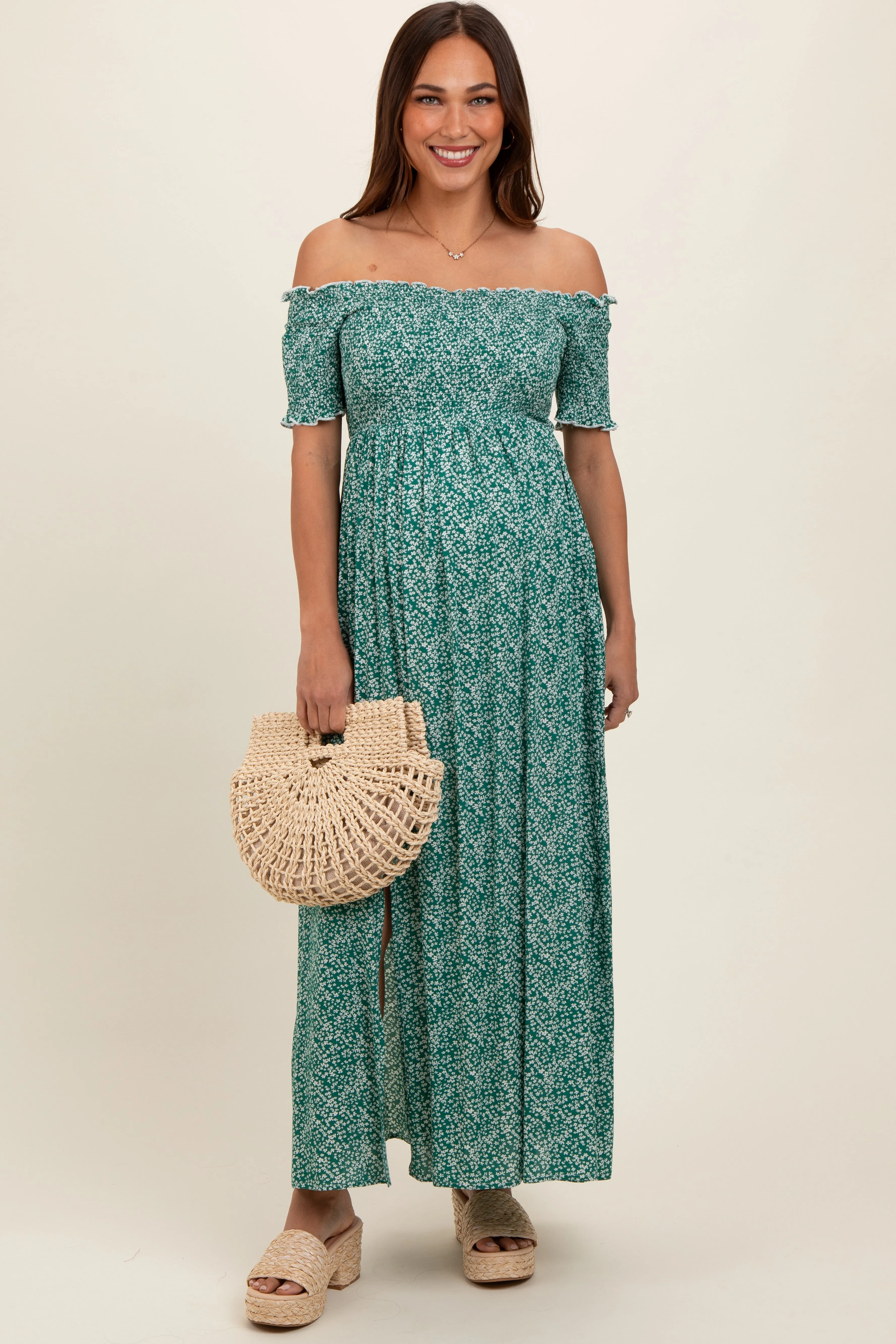 Green Floral Smocked Fitted Sleeve Side Slit Maternity Maxi Dress sold by Pinkblush product image thumbnail 2