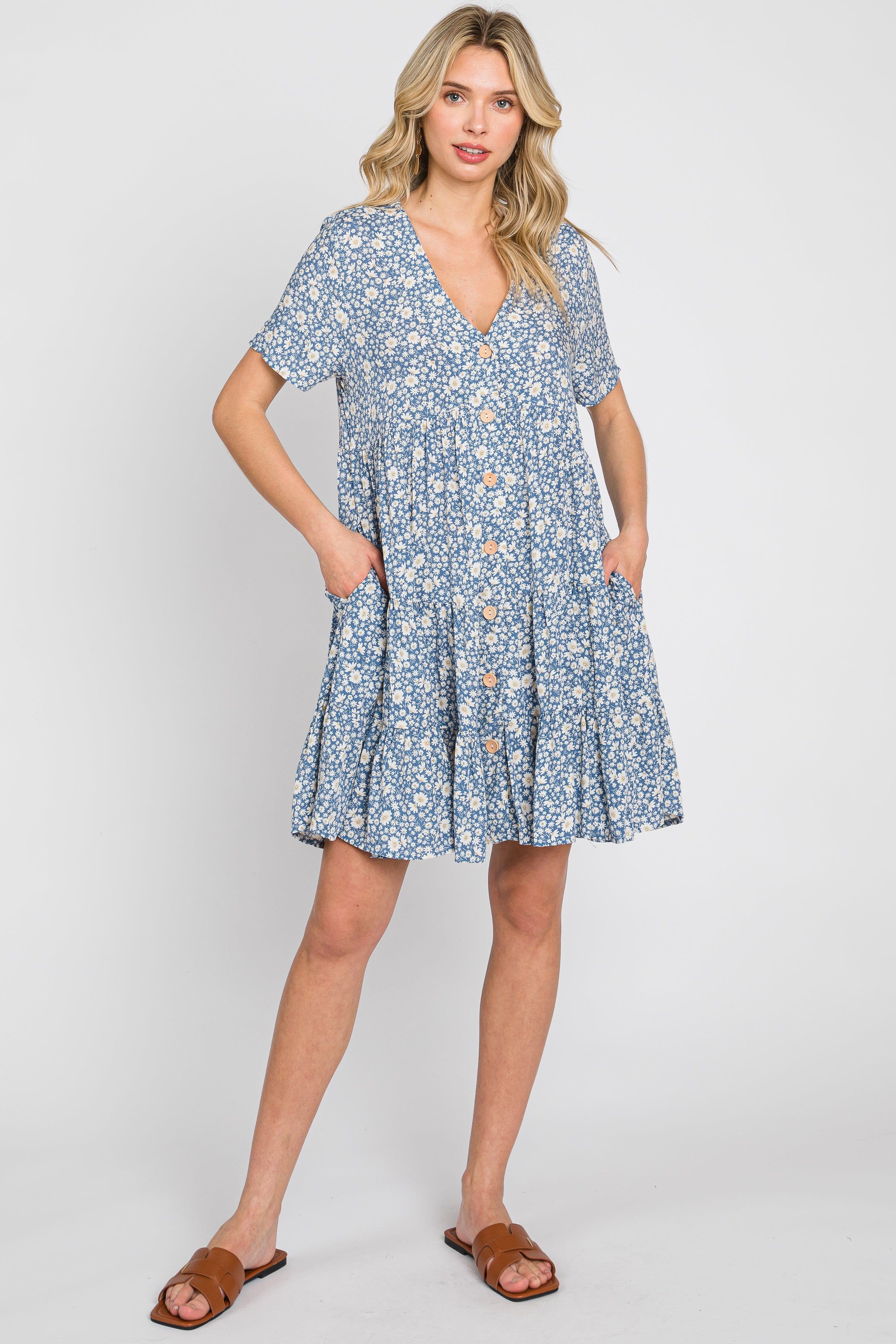 Blue Floral Button Front Tiered Short Sleeve Dress sold by Pinkblush product image thumbnail 3