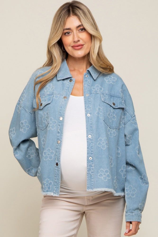 Light Blue Floral Embroidered Maternity Shirt Jacket sold by Pinkblush