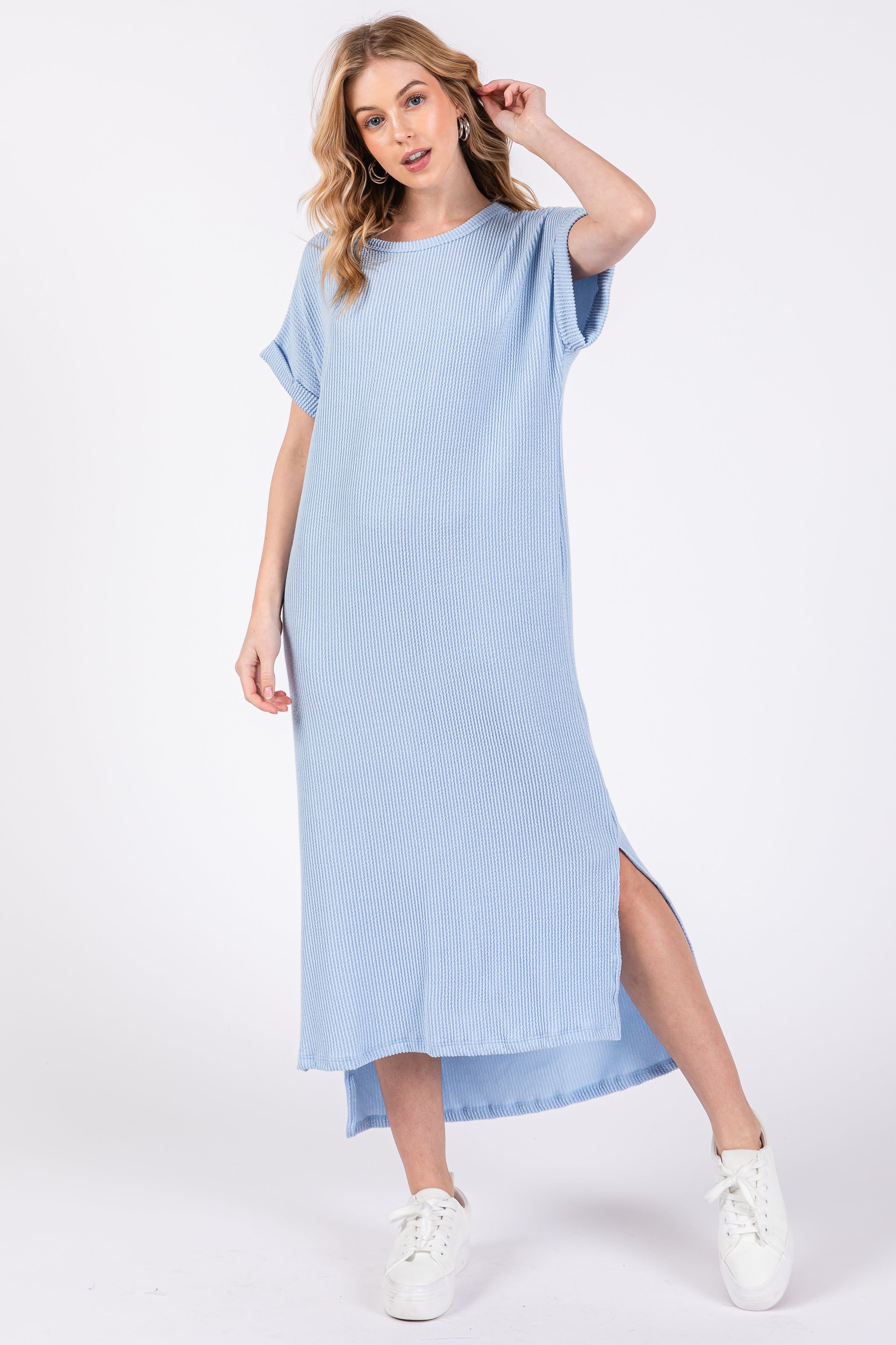 Light Blue Ribbed Short Sleeve Midi Dress sold by Pinkblush