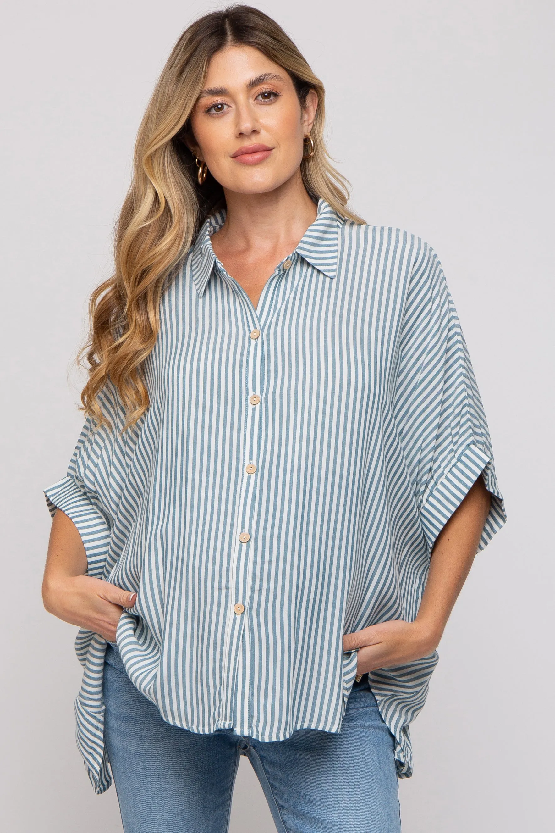 Teal Striped Button Up Dolman Maternity Top sold by Pinkblush