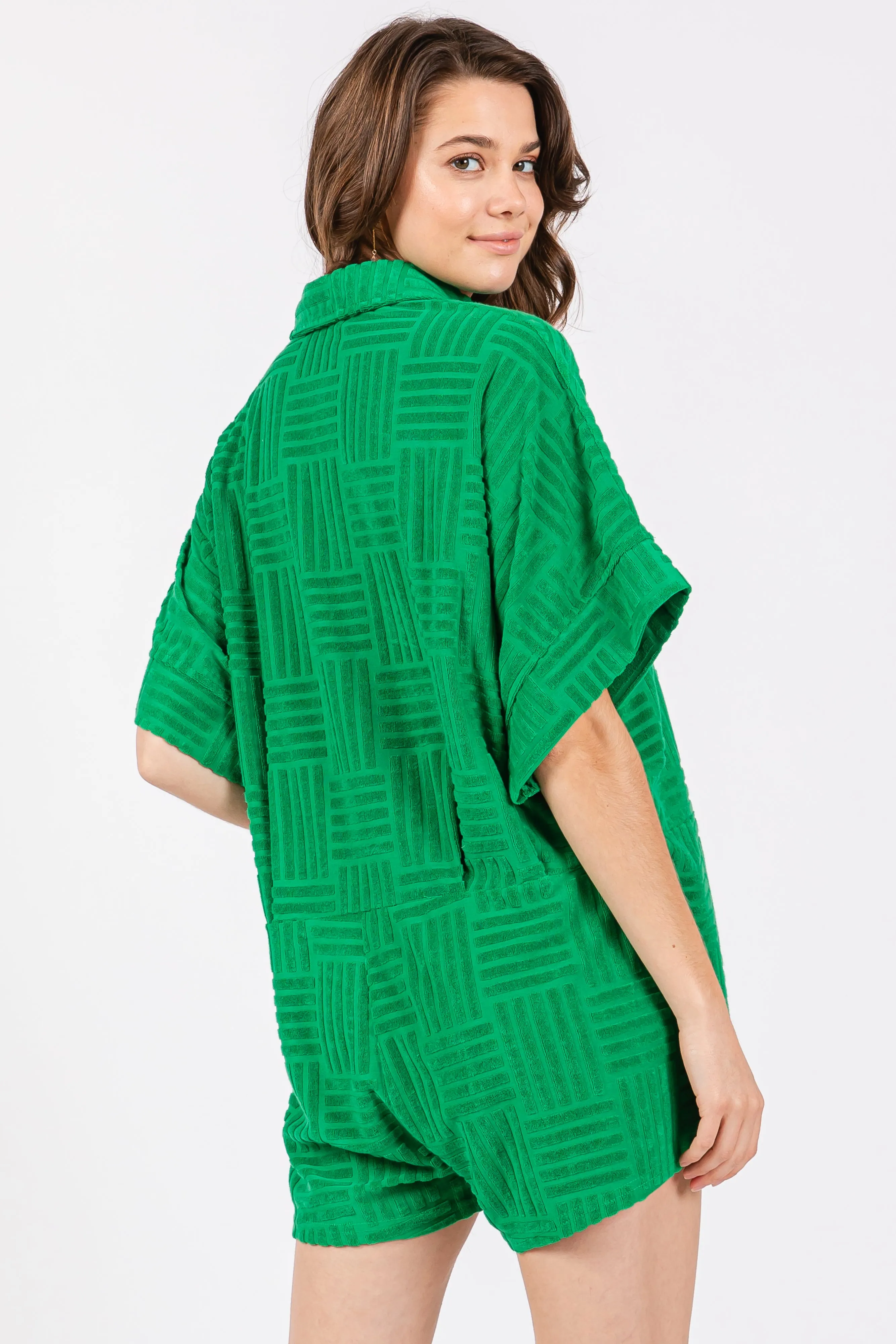 Green Textured Button Front Short Sleeve Romper sold by Pinkblush product image thumbnail 3