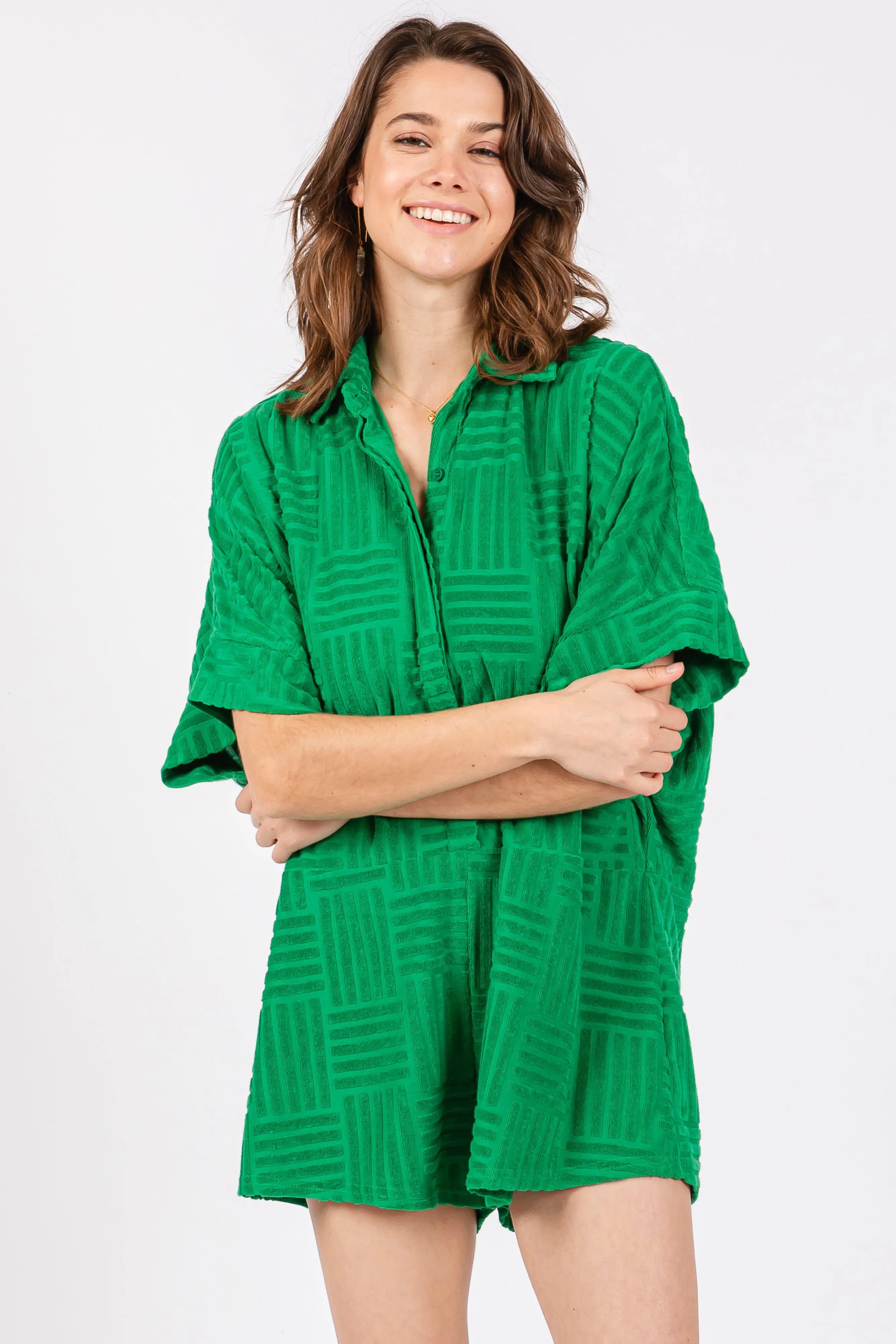 Green Textured Button Front Short Sleeve Romper sold by Pinkblush