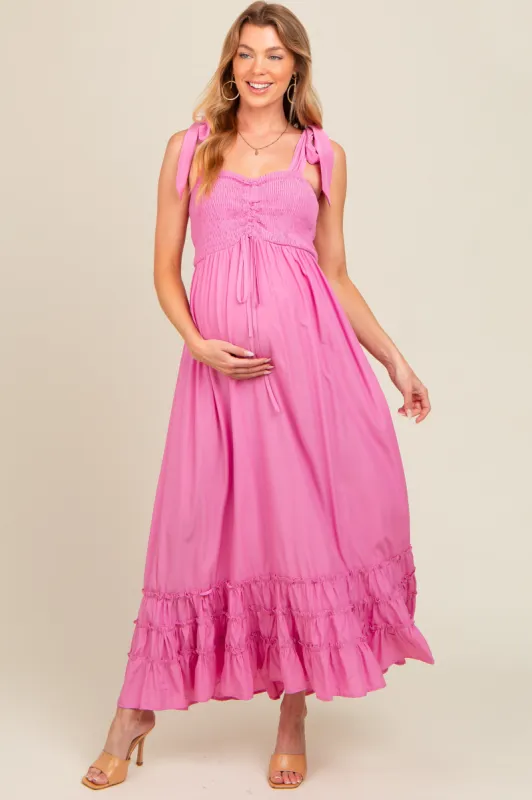 Pink Sweetheart Neck Smocked Shoulder Tie Maternity Maxi Dress sold by Pinkblush