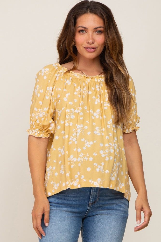 Yellow Floral Ruffle Accent Maternity Top sold by Pinkblush