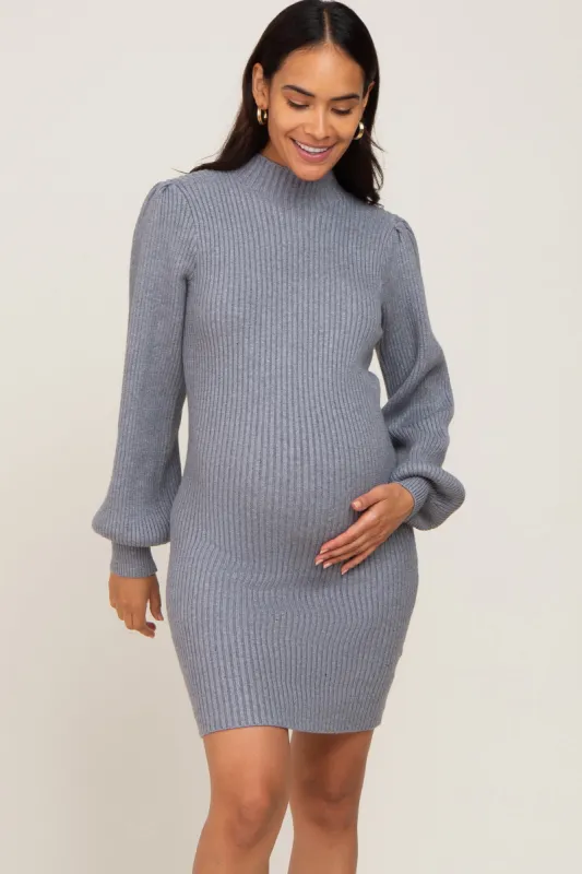 Heather Grey Mock Neck Puff Sleeve Maternity Sweater Dress sold by Pinkblush