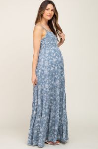 Blue Floral Tiered Maternity Maxi Dress sold by Pinkblush