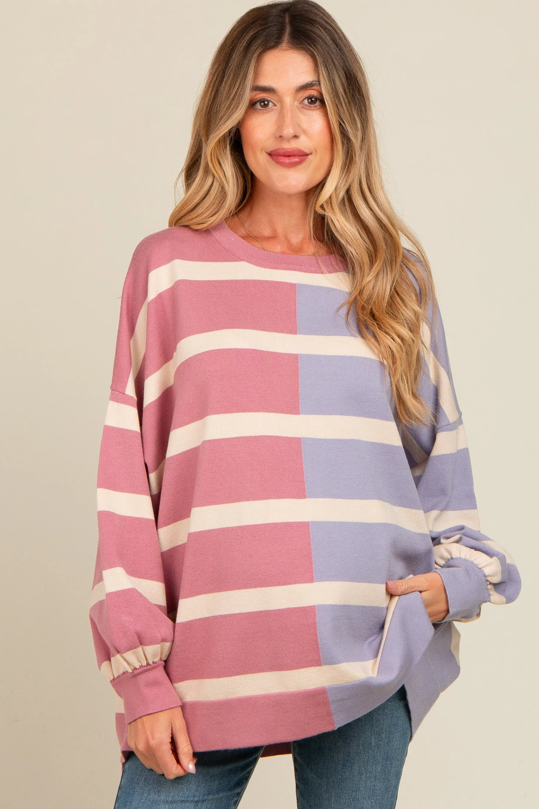 Lavender Striped Colorblock Dolman Knit Maternity Top sold by Pinkblush