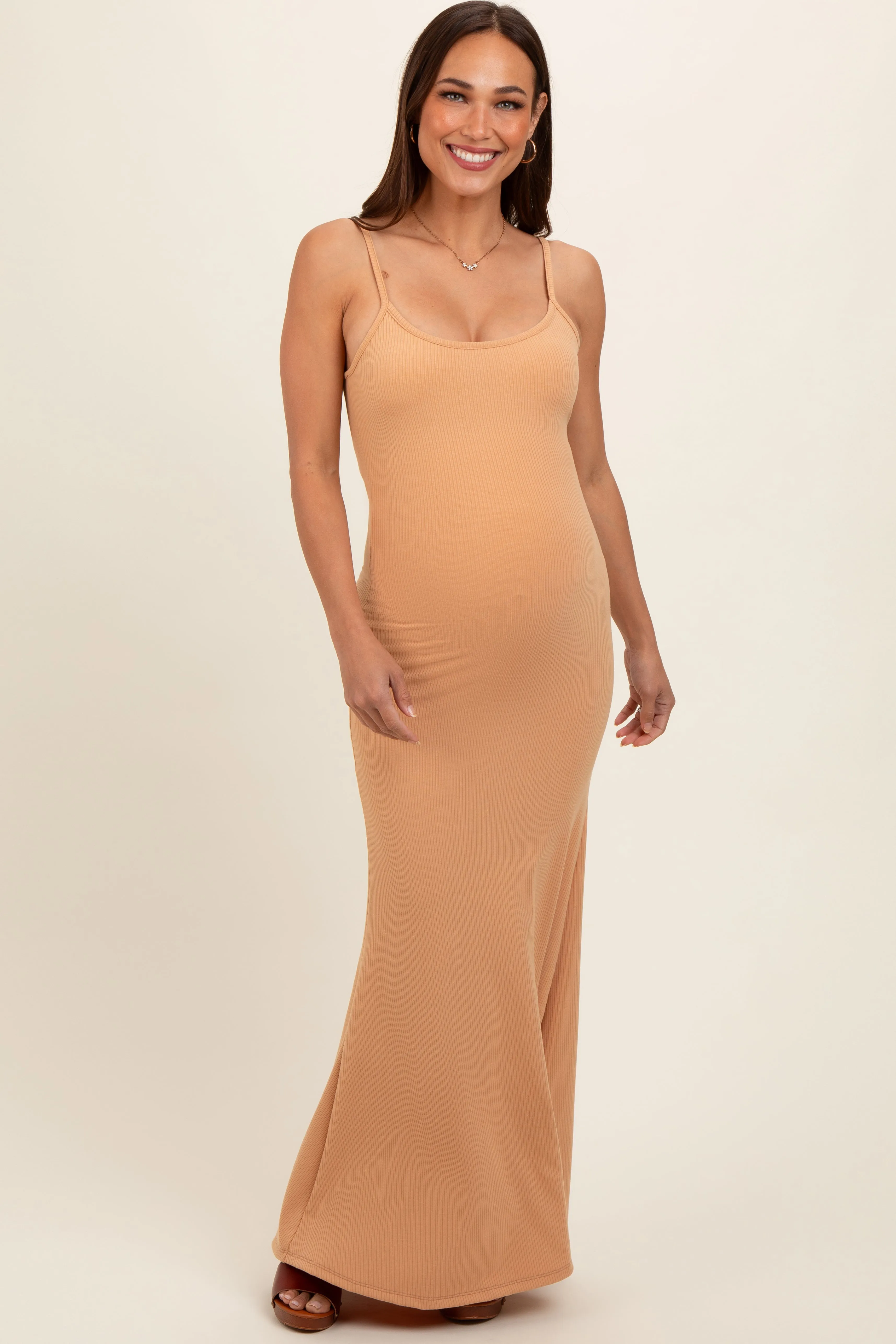 Camel Sleeveless Ribbed Maternity Maxi Dress sold by Pinkblush