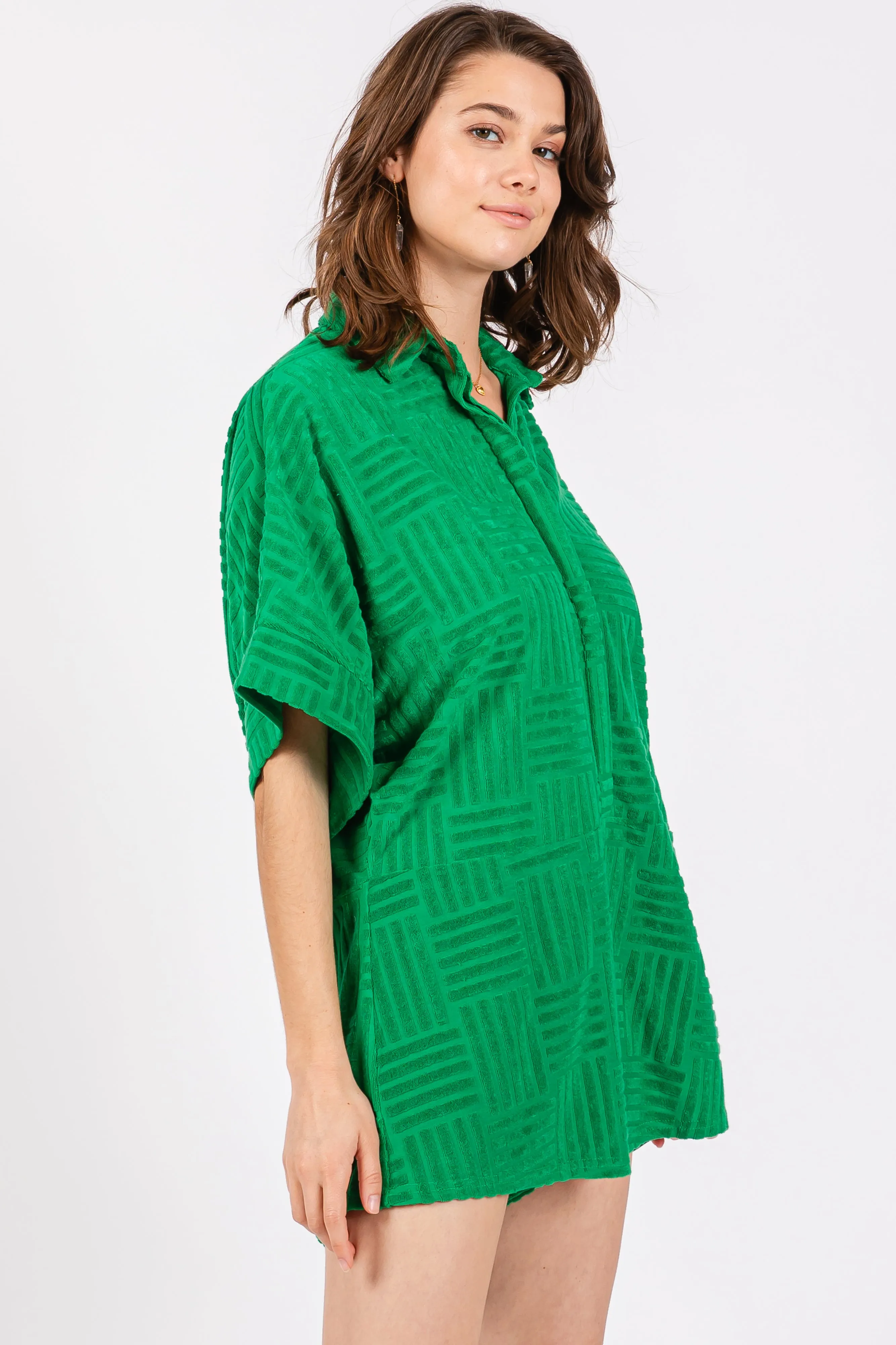 Green Textured Button Front Short Sleeve Romper sold by Pinkblush product image thumbnail 2