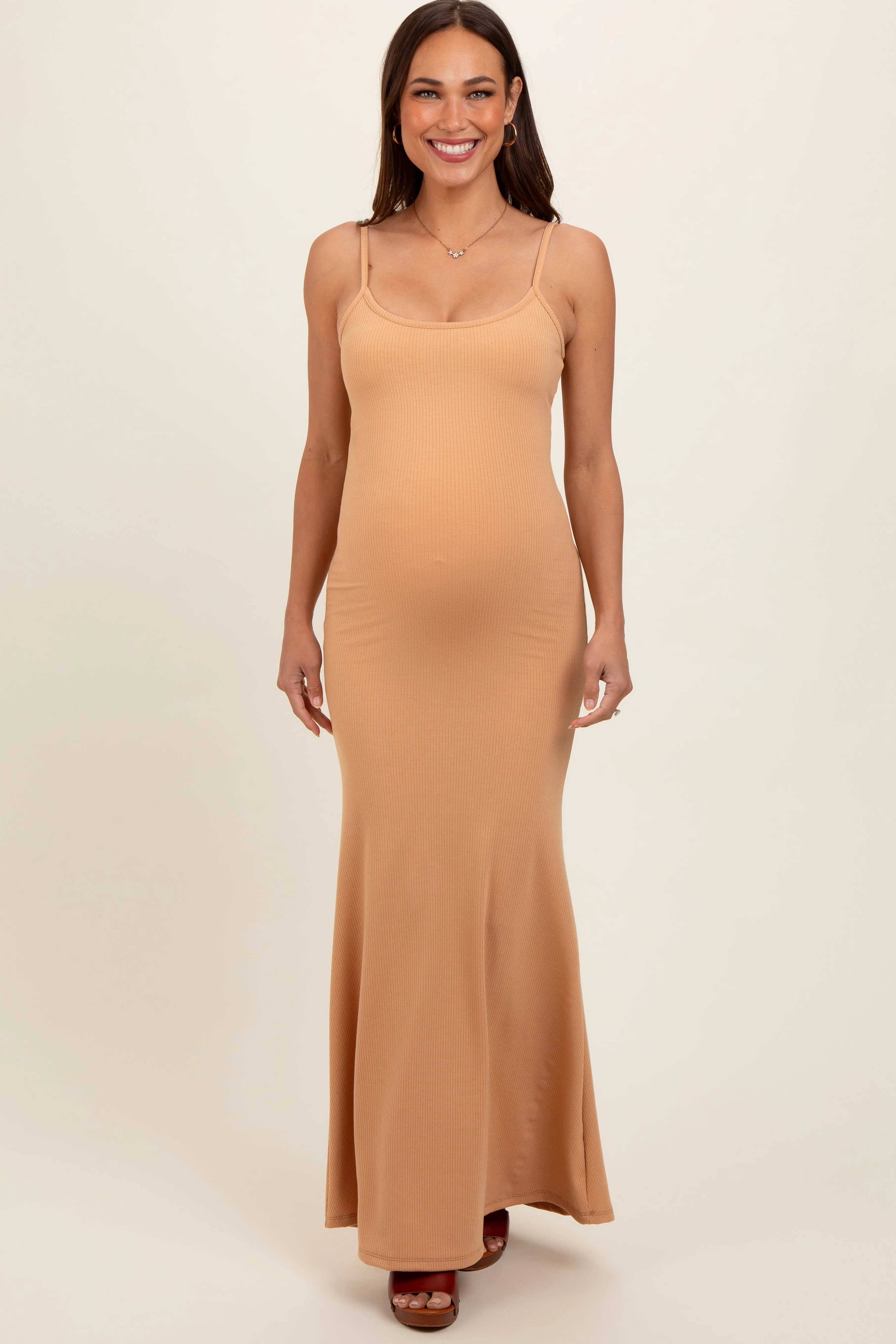 Camel Sleeveless Ribbed Maternity Maxi Dress sold by Pinkblush product image thumbnail 2