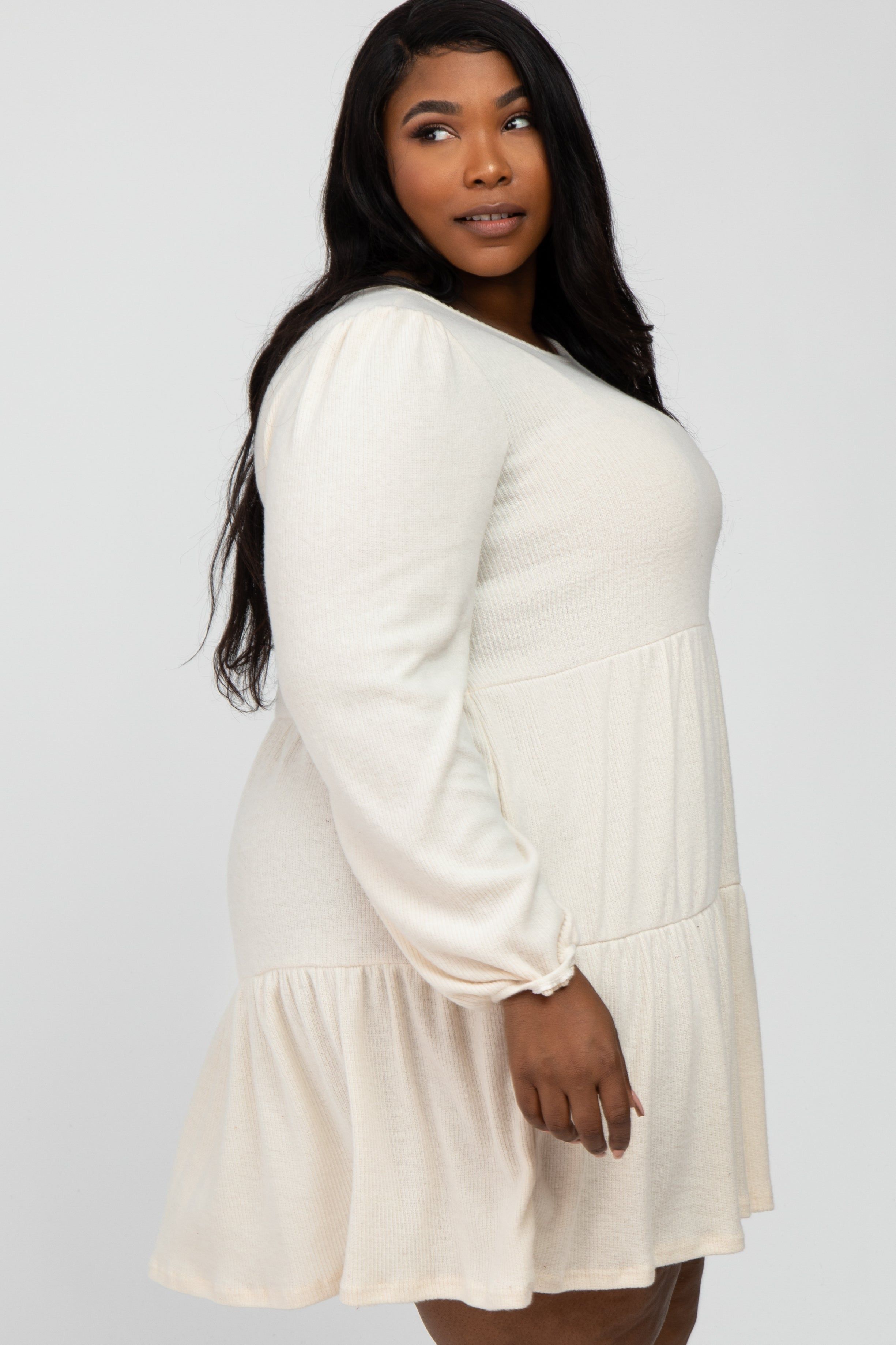 Cream Brushed Knit Tiered Plus Dress sold by Pinkblush product image thumbnail 3