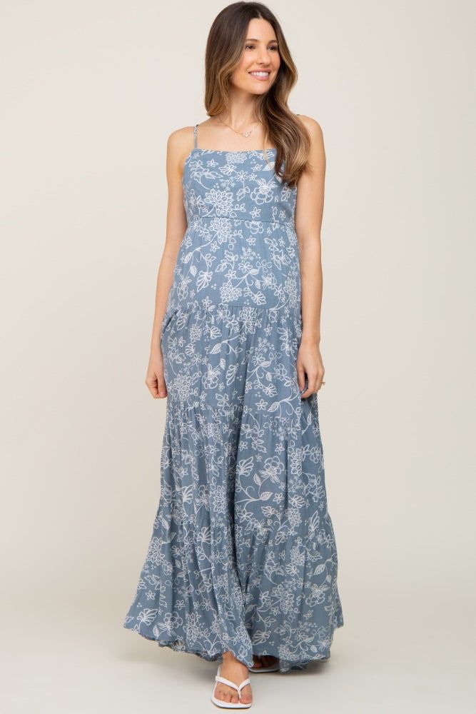 Blue Floral Tiered Maternity Maxi Dress sold by Pinkblush product image thumbnail 4