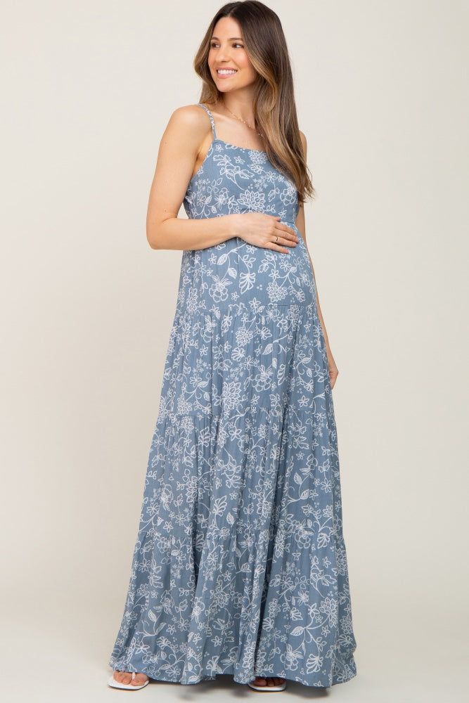 Blue Floral Tiered Maternity Maxi Dress sold by Pinkblush