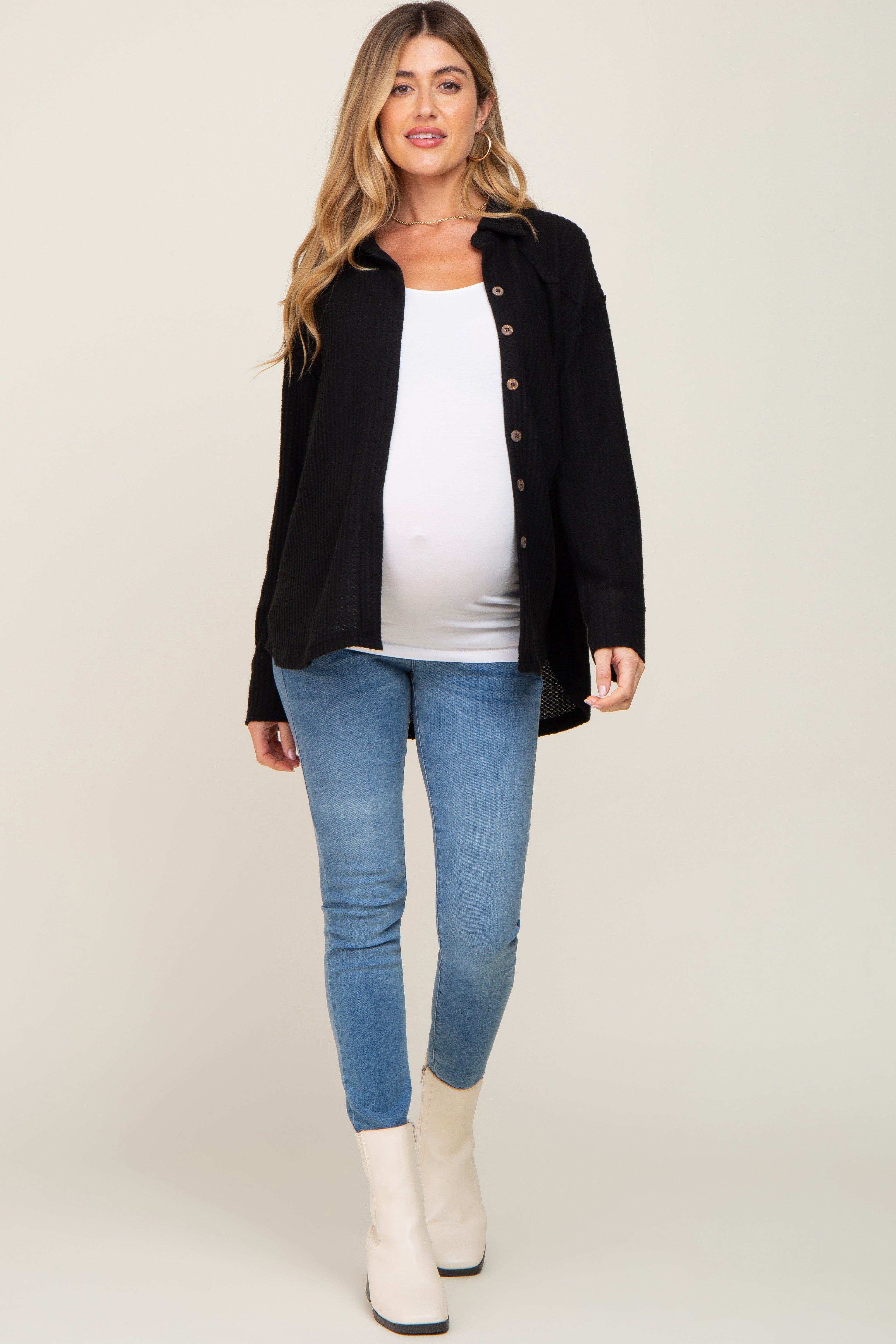 Black Waffle Knit Button Down Maternity Top sold by Pinkblush product image thumbnail 4