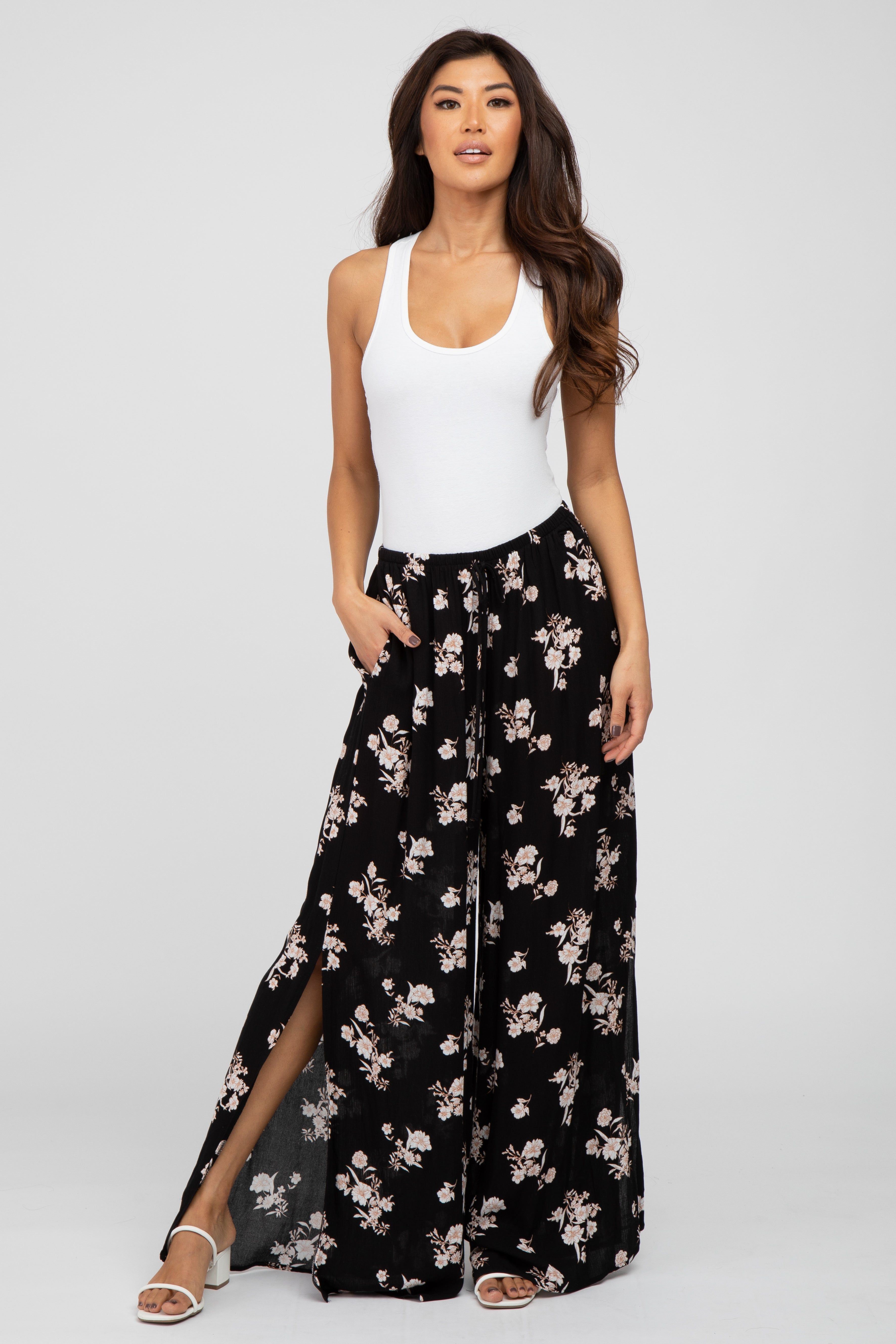 Black Floral Split Hem Pants sold by Pinkblush