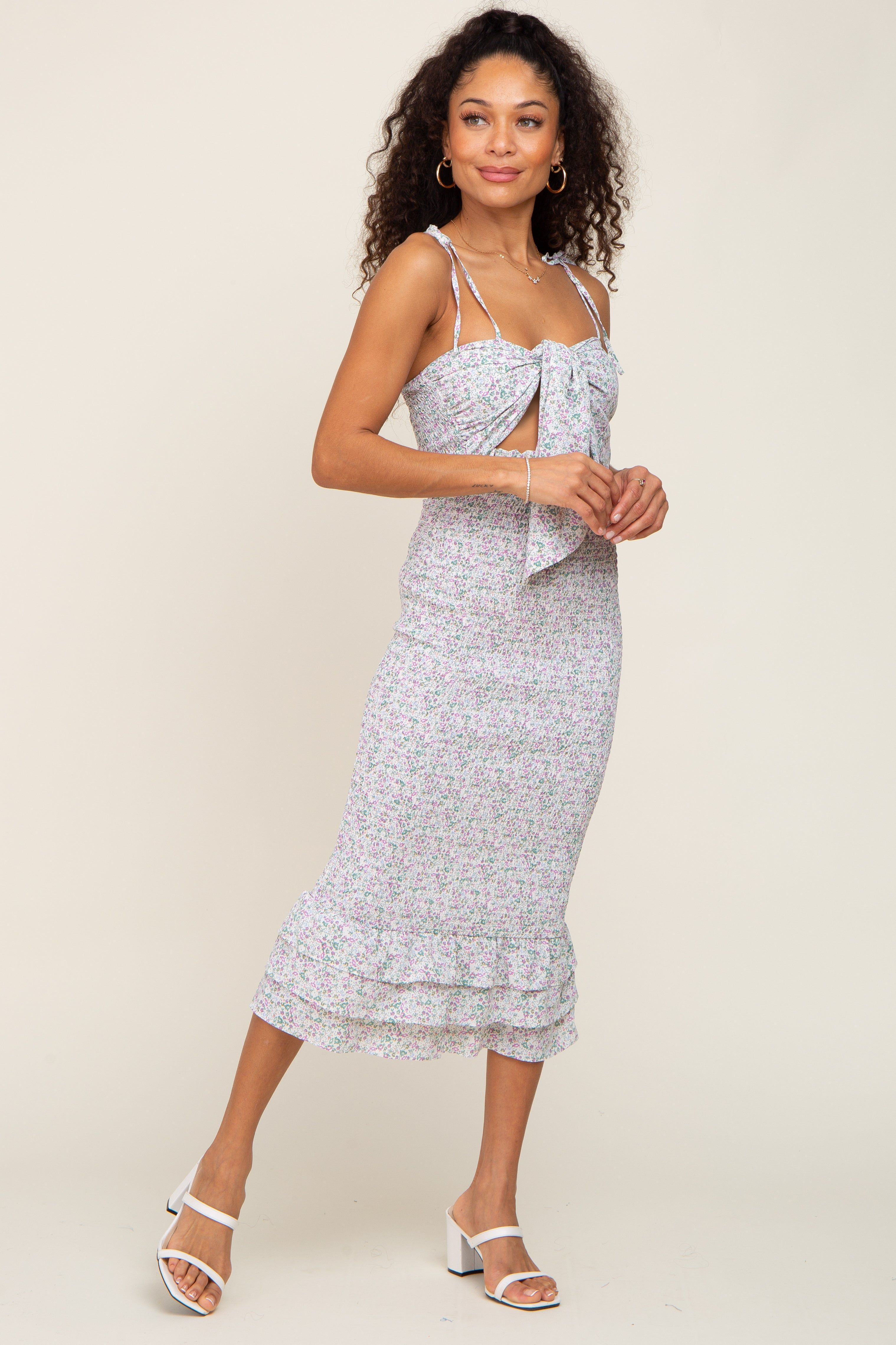 Lavender Ditsy Floral Knot Front Smocked Midi Dress sold by Pinkblush product image thumbnail 5