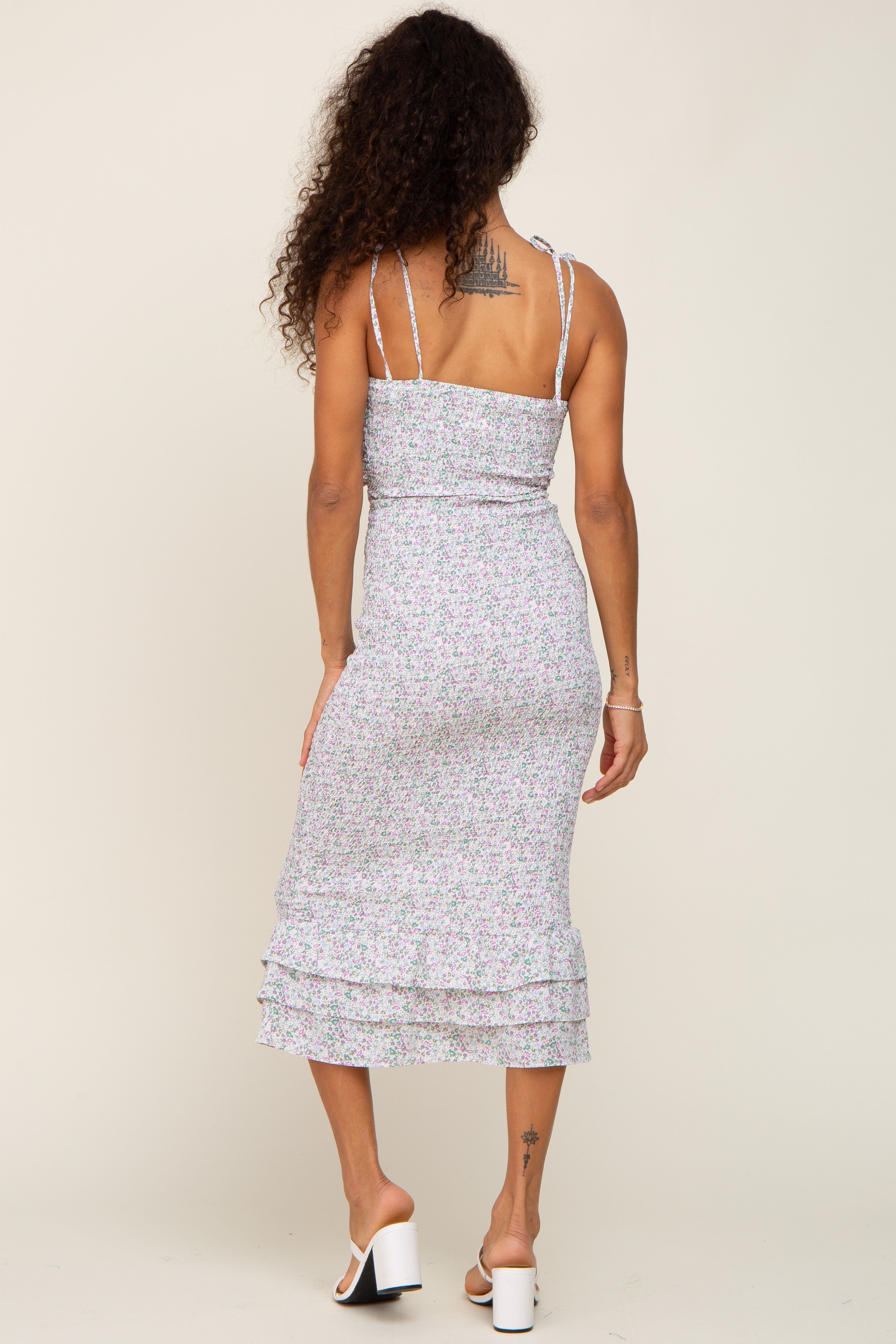 Lavender Ditsy Floral Knot Front Smocked Midi Dress sold by Pinkblush product image thumbnail 3