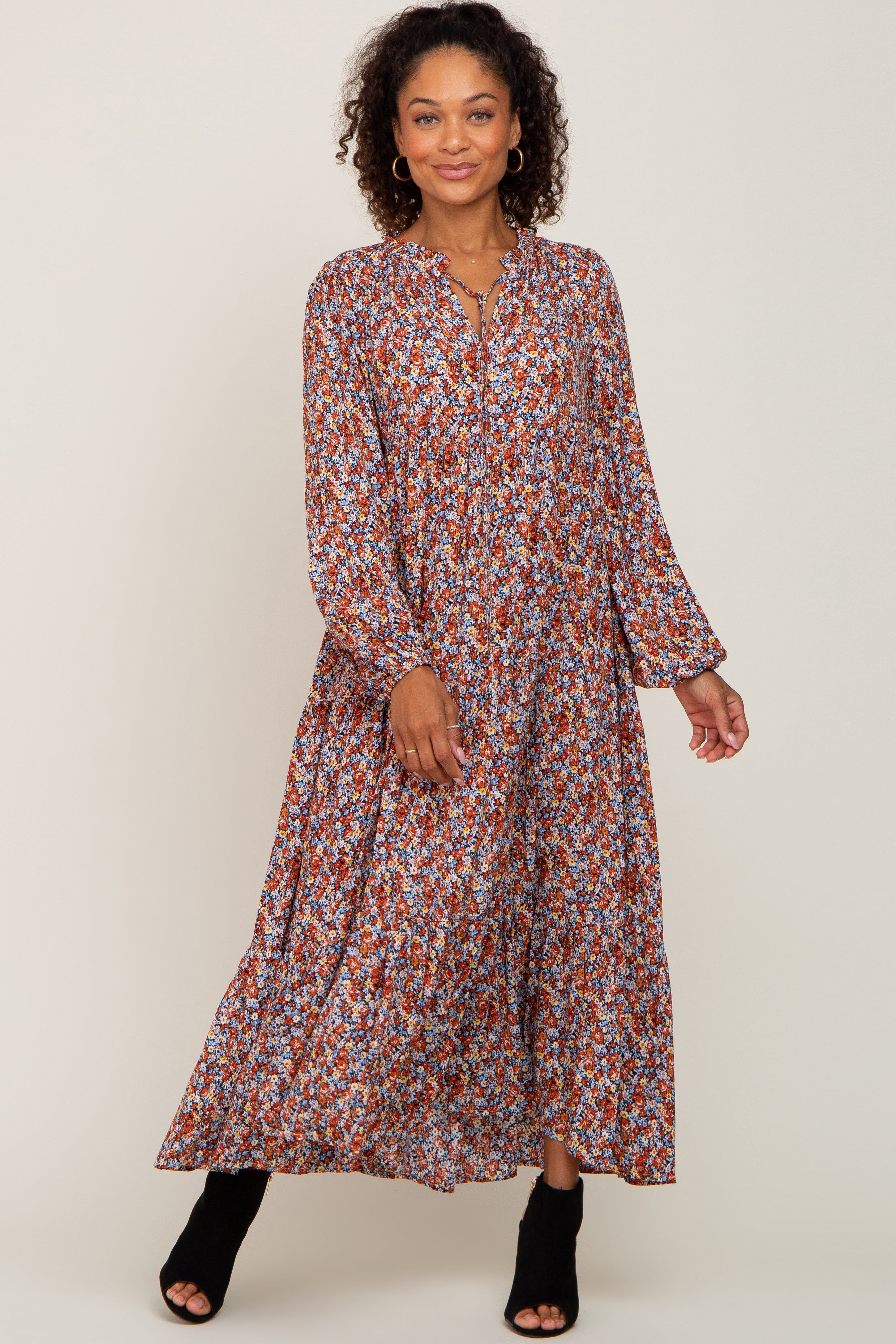 Rust Floral Tiered Long Sleeve Dress sold by Pinkblush