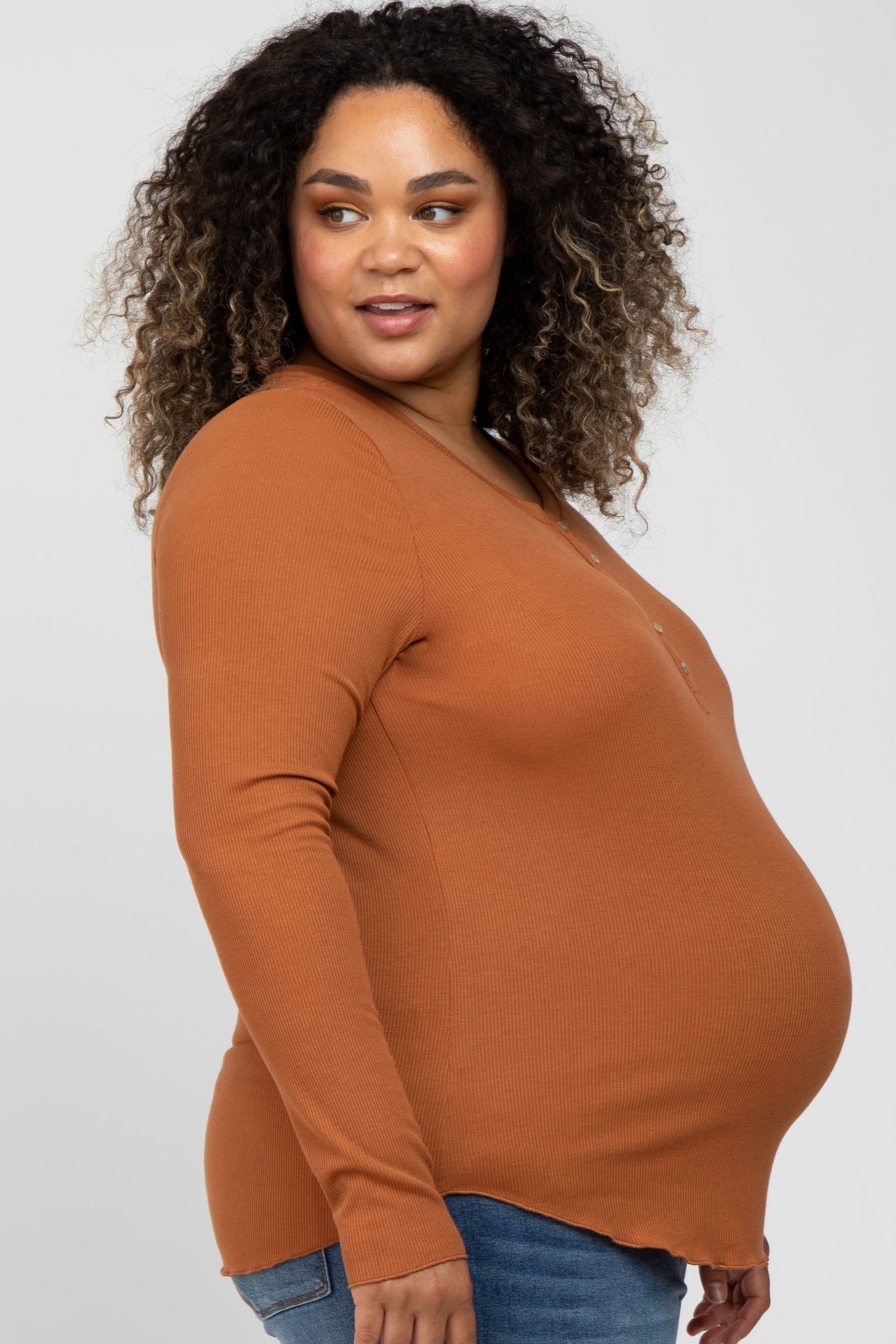 Orange Ribbed Button Front Long Sleeve Maternity Plus Top sold by Pinkblush product image thumbnail 3