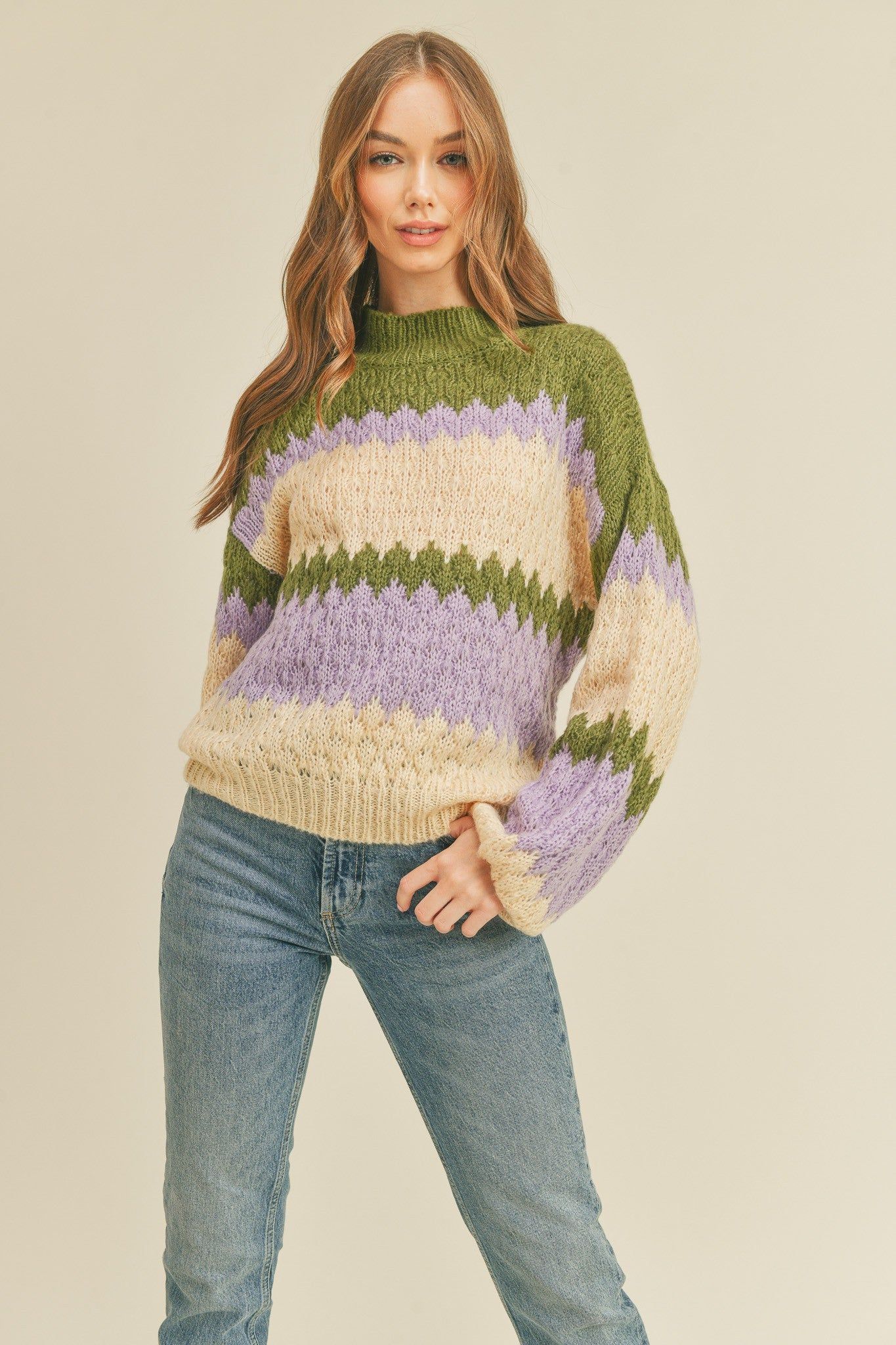 Olive Multi-Colored Striped Pullover Knit Sweater sold by Pinkblush