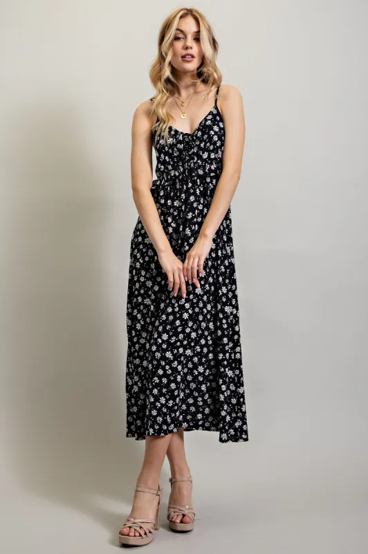Black Floral Ruffle Accent Midi Dress sold by Pinkblush