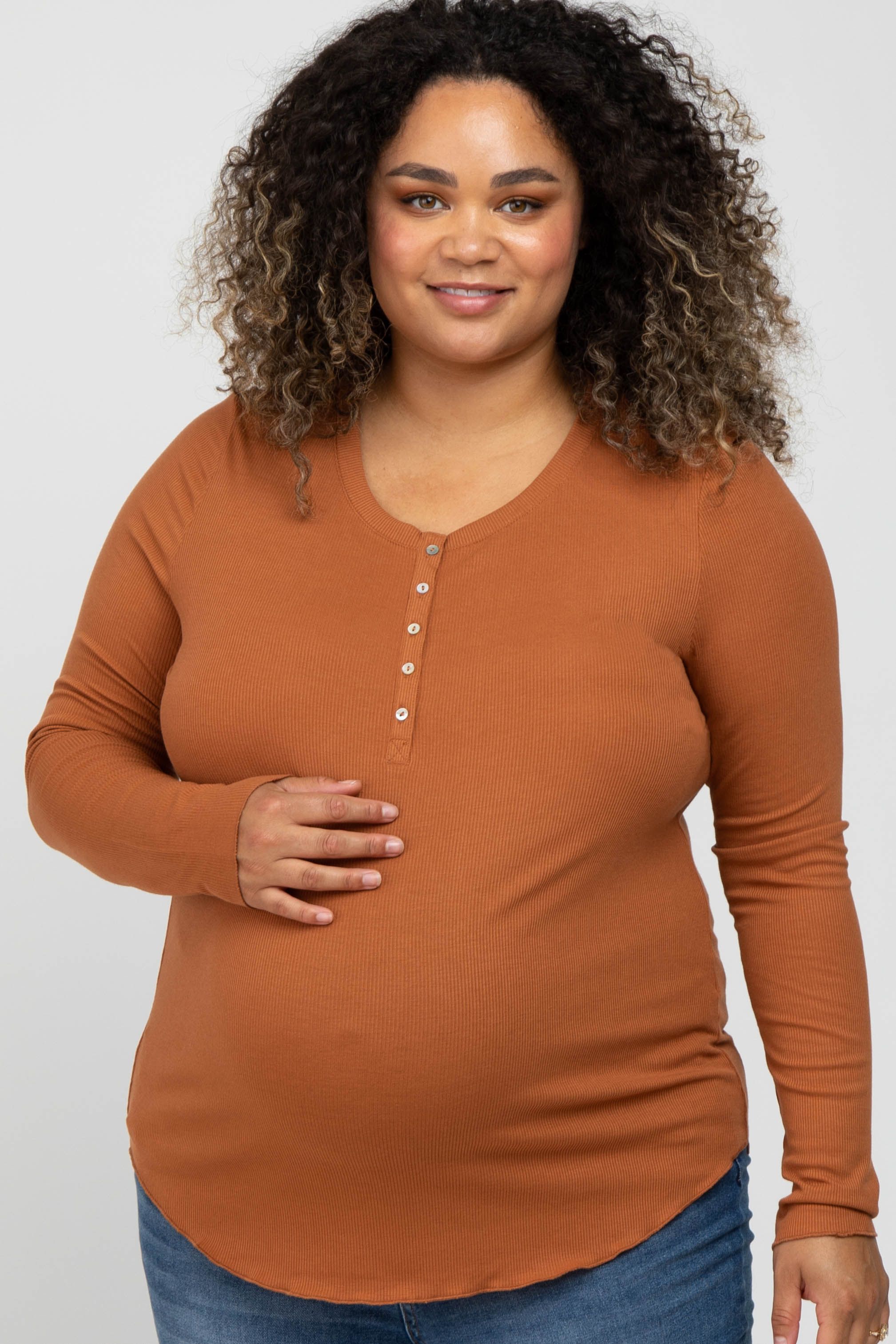 Orange Ribbed Button Front Long Sleeve Maternity Plus Top sold by Pinkblush