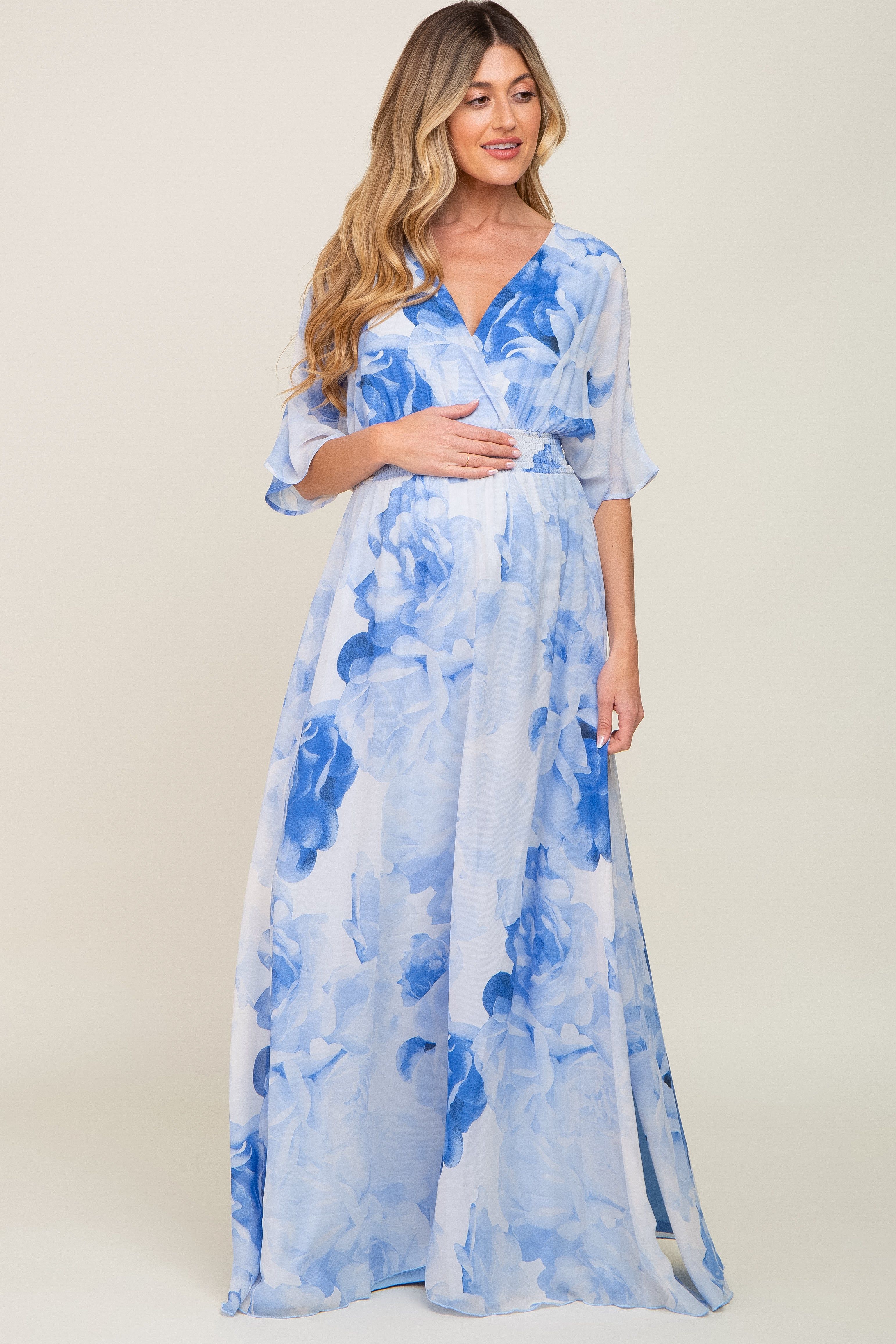 Blue Rose Floral Chiffon Double V-Neck Smocked Waist Front Slit Maternity Maxi sold by Pinkblush product image thumbnail 4
