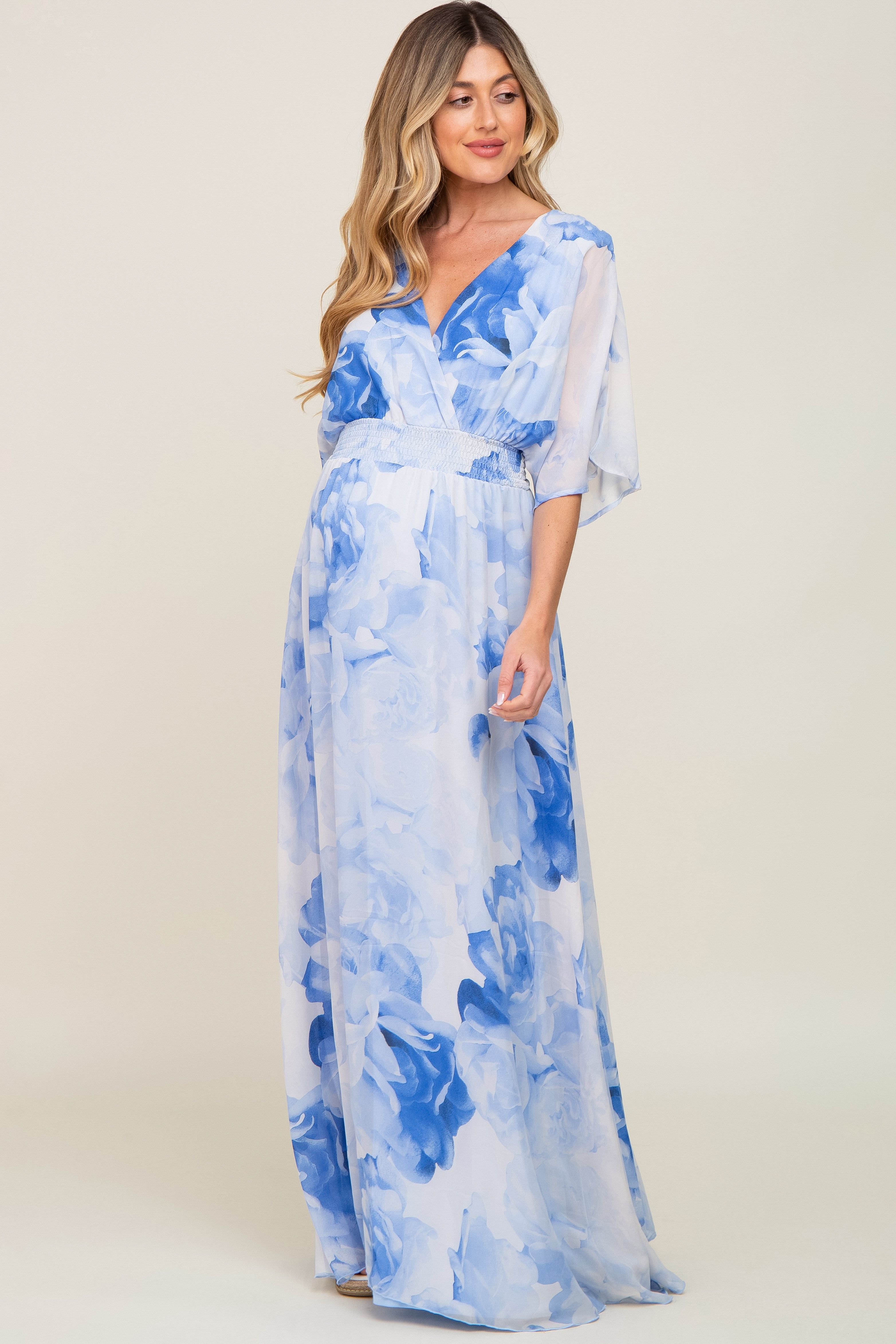 Blue Rose Floral Chiffon Double V-Neck Smocked Waist Front Slit Maternity Maxi sold by Pinkblush