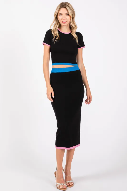 Black Colorblock Crop Top and Skirt Set sold by Pinkblush