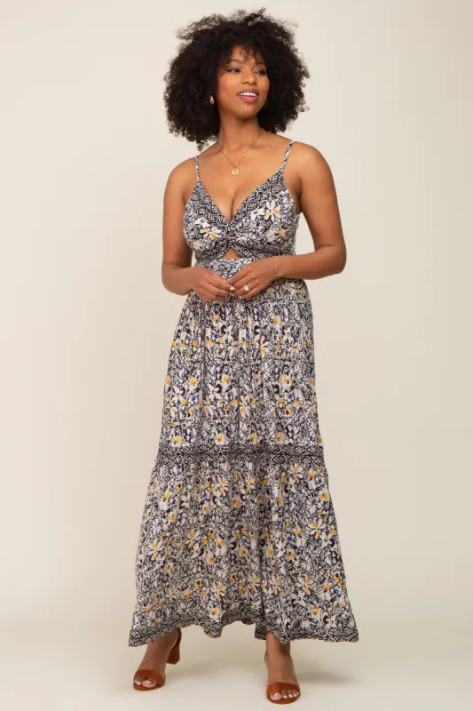 Black Floral Front Twist Sleeveless Maxi Dress sold by Pinkblush