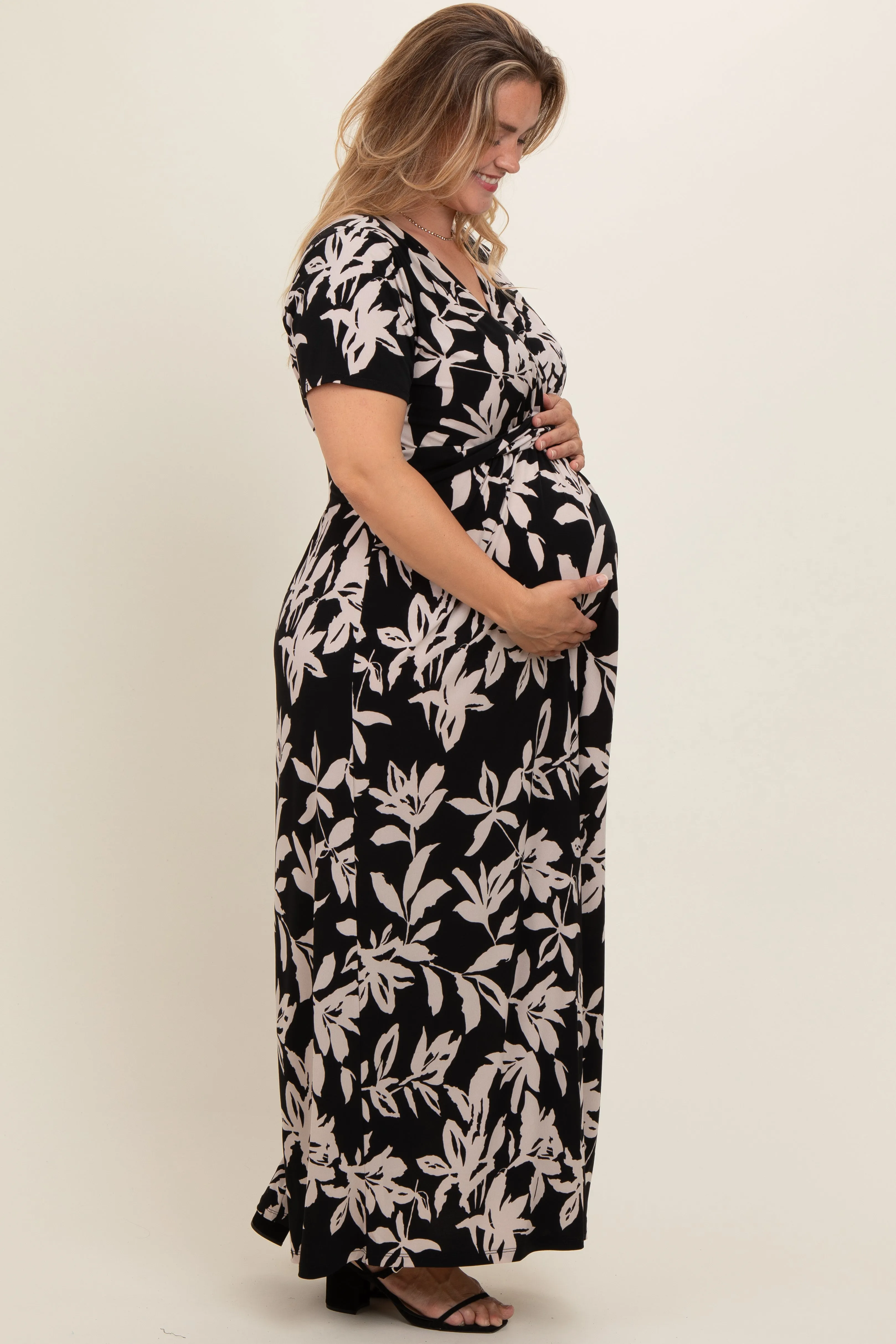 Black Floral V-Neck Maternity Plus Maxi Dress sold by Pinkblush product image thumbnail 4