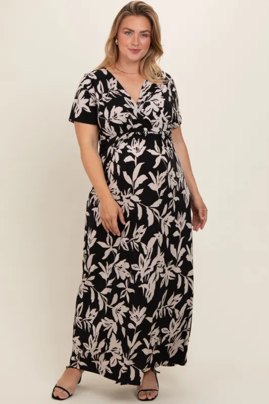 Black Floral V-Neck Maternity Plus Maxi Dress sold by Pinkblush