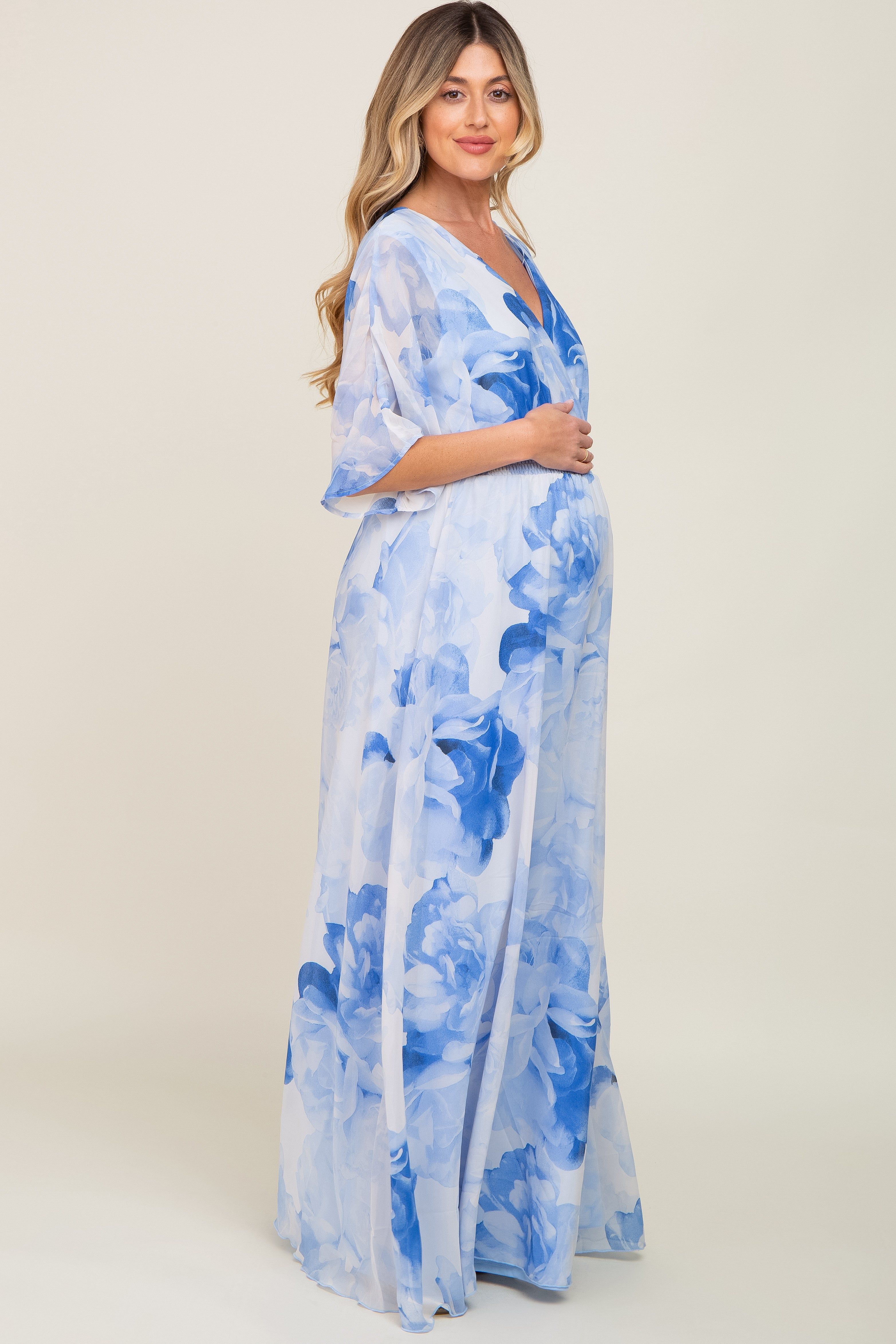 Blue Rose Floral Chiffon Double V-Neck Smocked Waist Front Slit Maternity Maxi sold by Pinkblush product image thumbnail 2