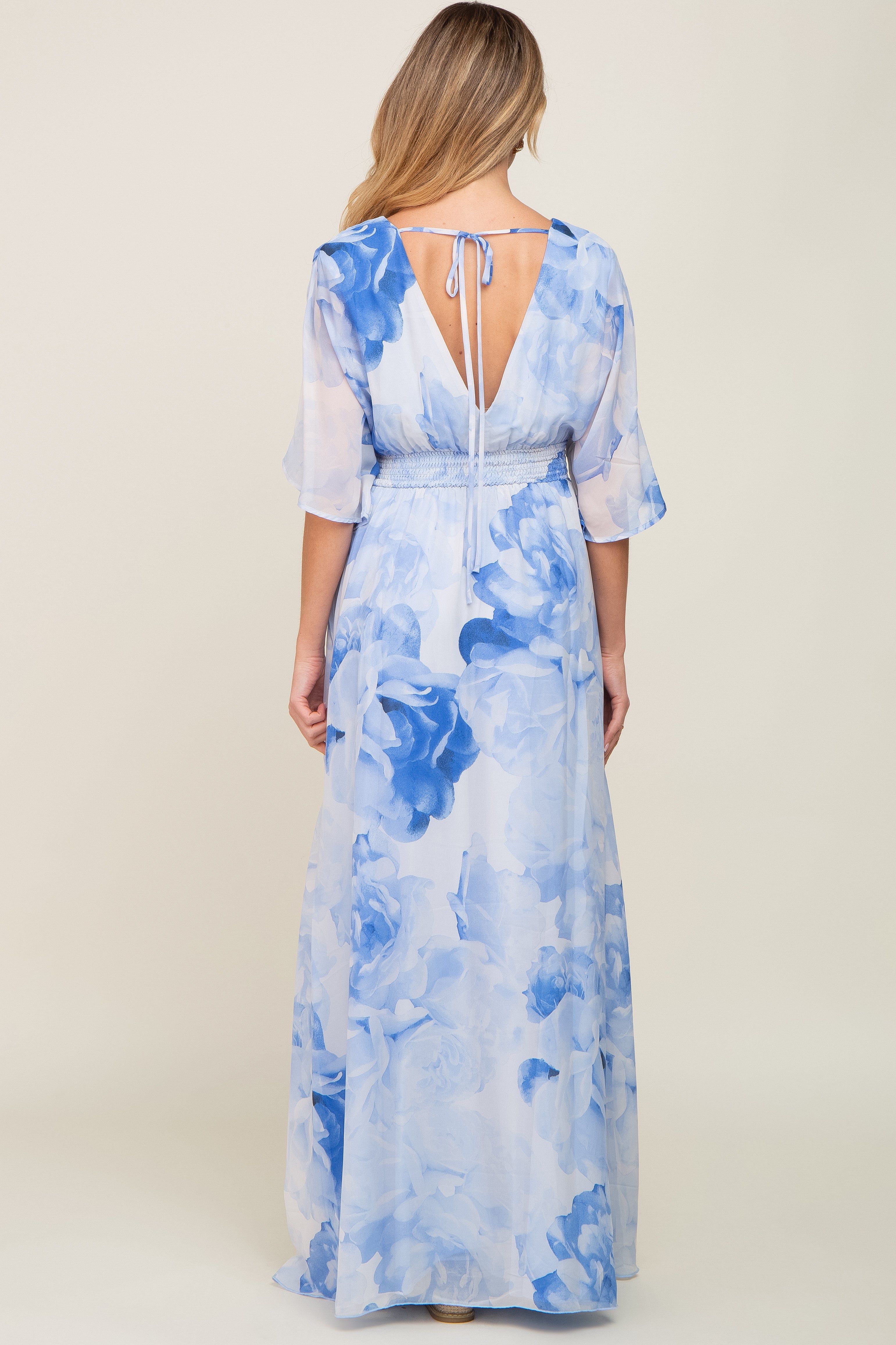 Blue Rose Floral Chiffon Double V-Neck Smocked Waist Front Slit Maternity Maxi sold by Pinkblush product image thumbnail 3