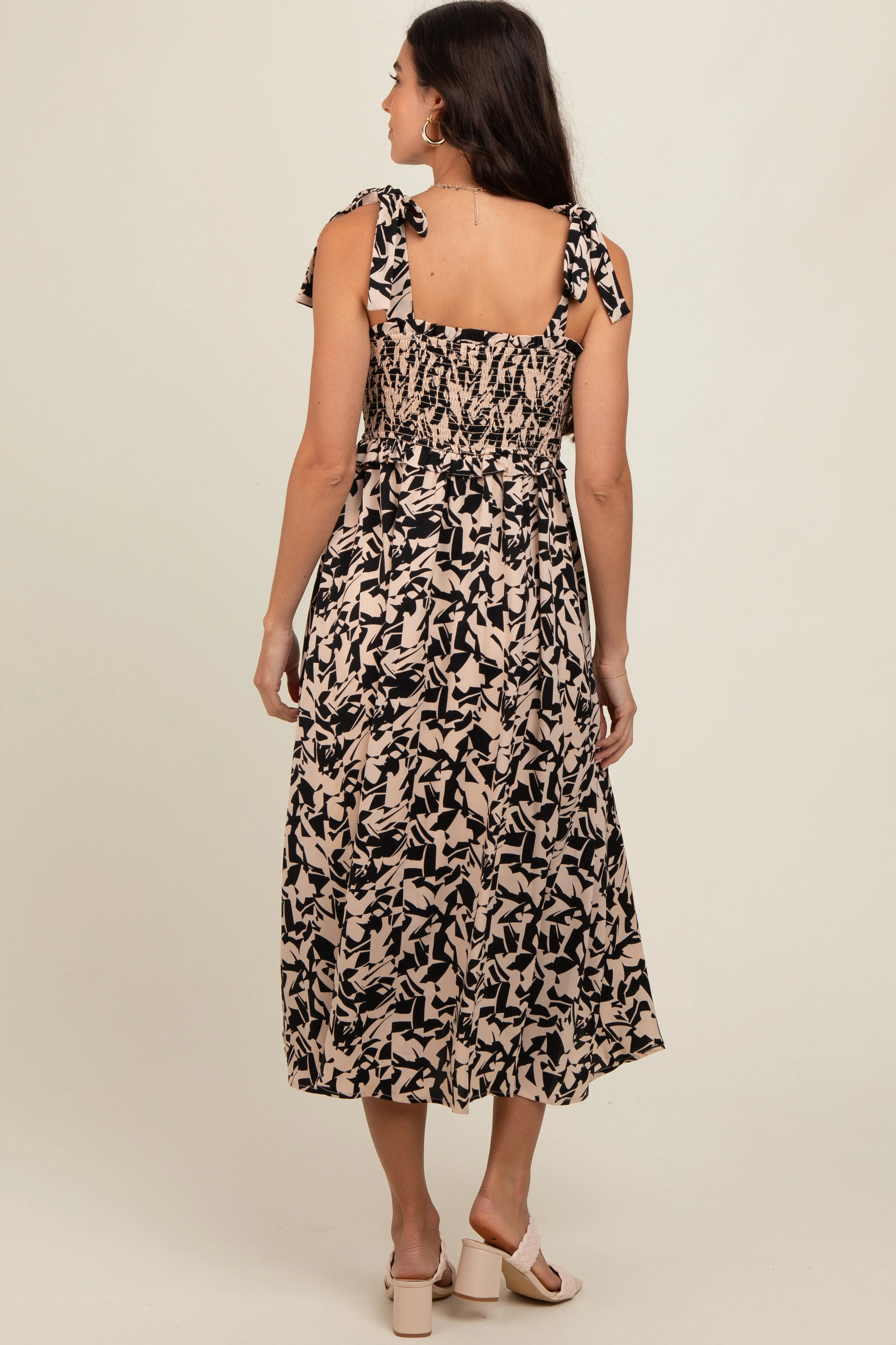 Black Printed Smocked Shoulder Tie Midi Dress sold by Pinkblush product image thumbnail 4