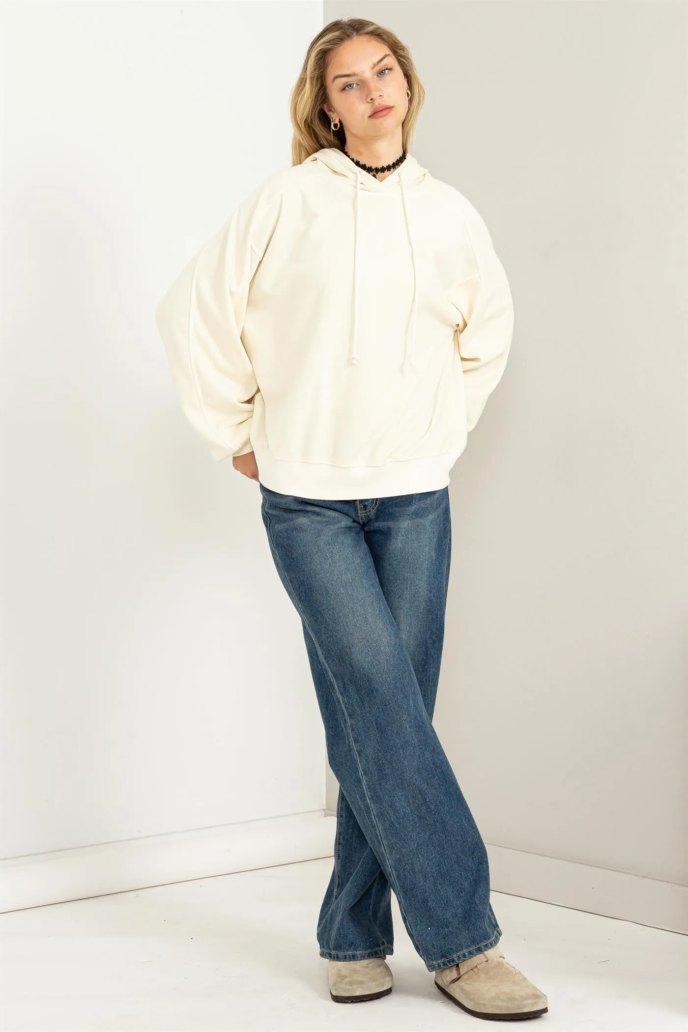 Cream Faded Wash Drawstring Hoodie sold by Pinkblush