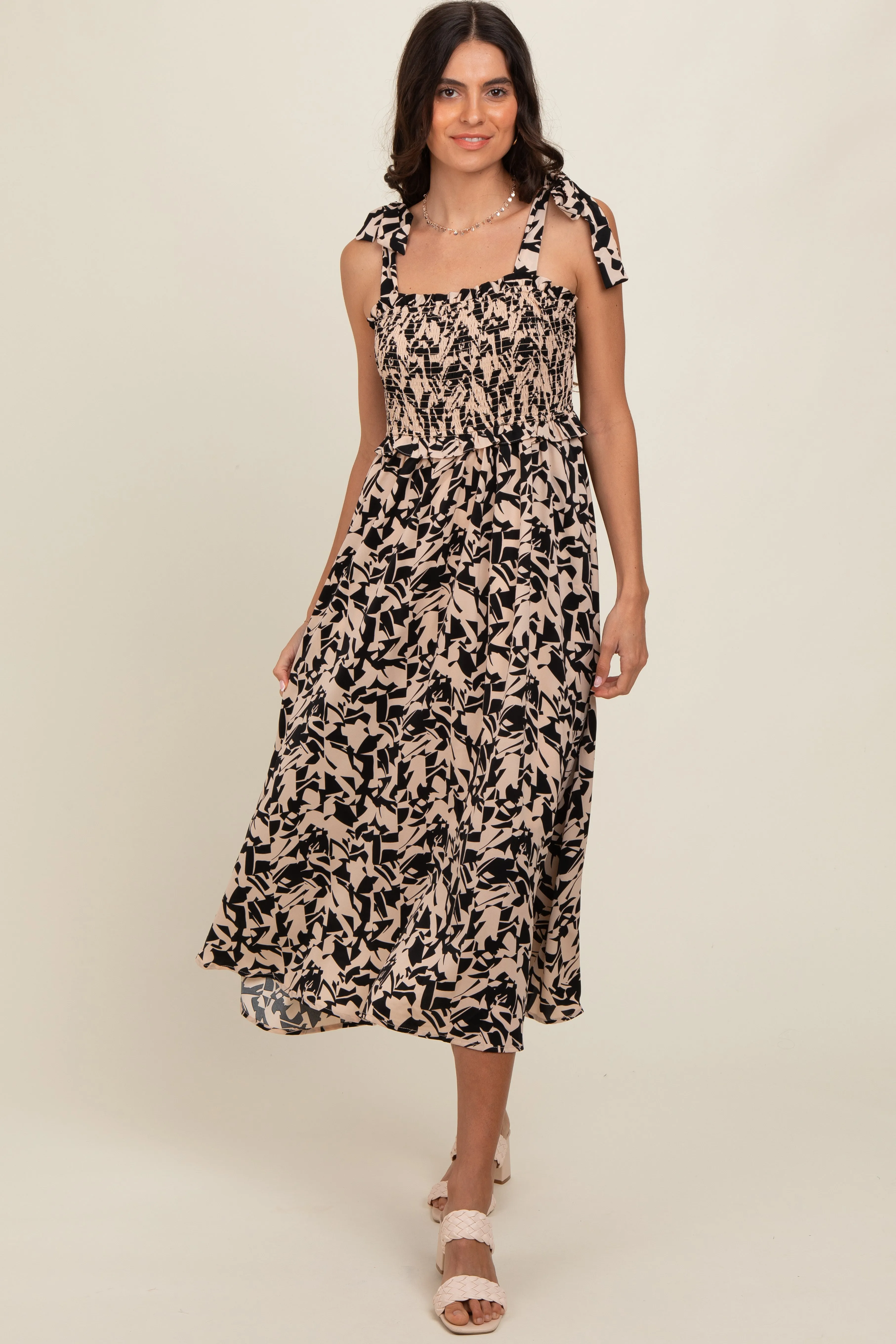 Black Printed Smocked Shoulder Tie Midi Dress sold by Pinkblush product image thumbnail 2