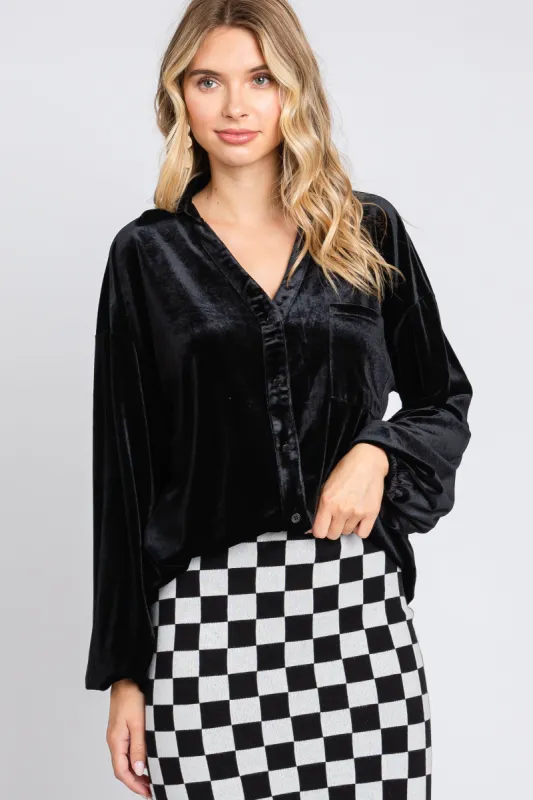 Black Velvet Button Front Collared Blouse sold by Pinkblush