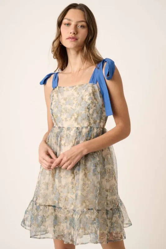 Blue Flower Print Organza Mini Dress sold by Pinkblush