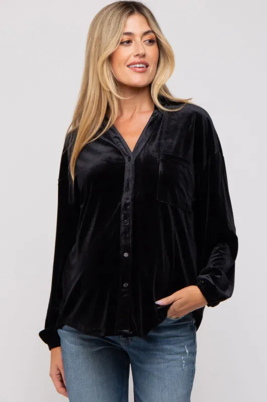 Black Velvet Button Front Collared Maternity Blouse sold by Pinkblush